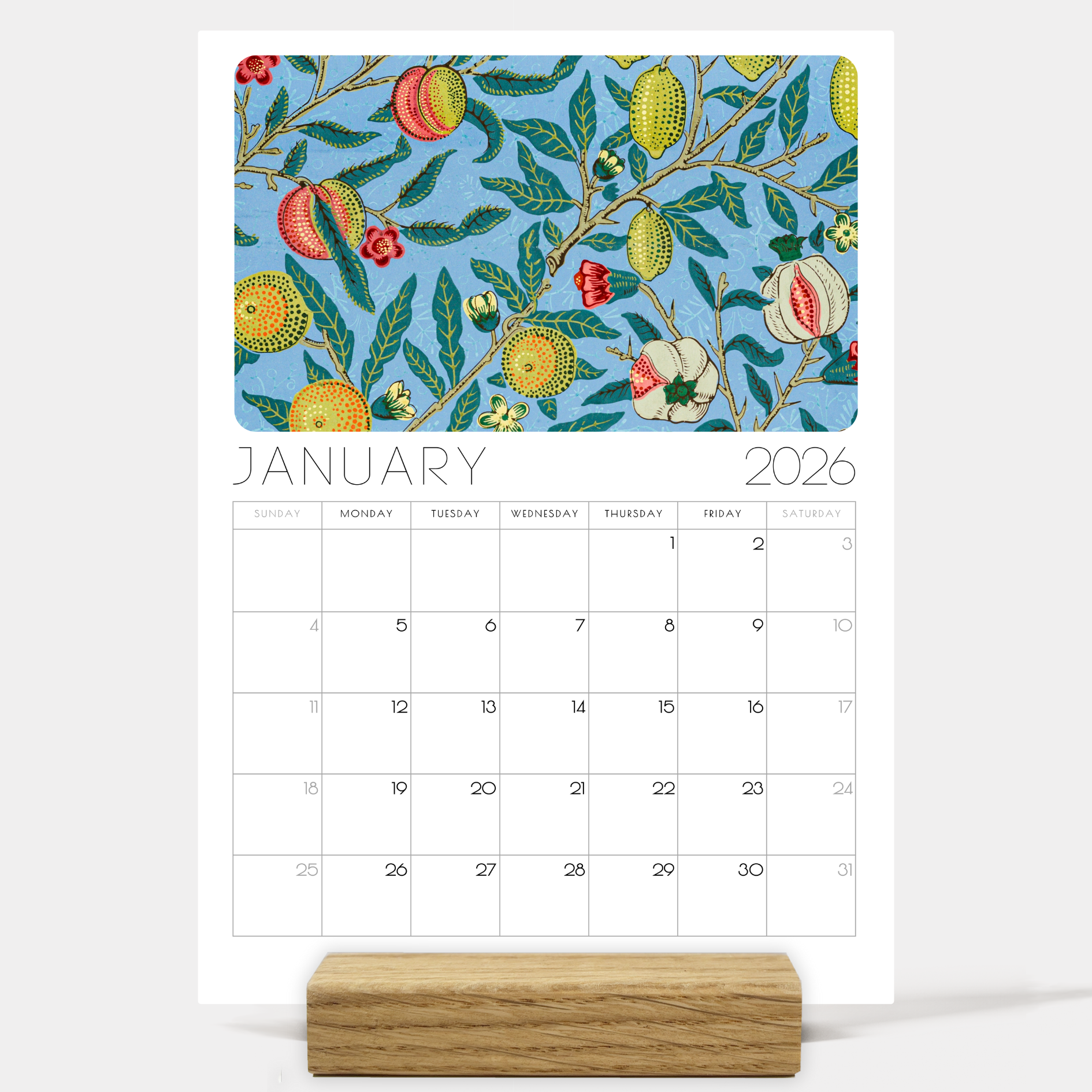 William Morris 2026 Desk Calendar – Vintage Arts & Crafts Floral Design with or without wooden stand