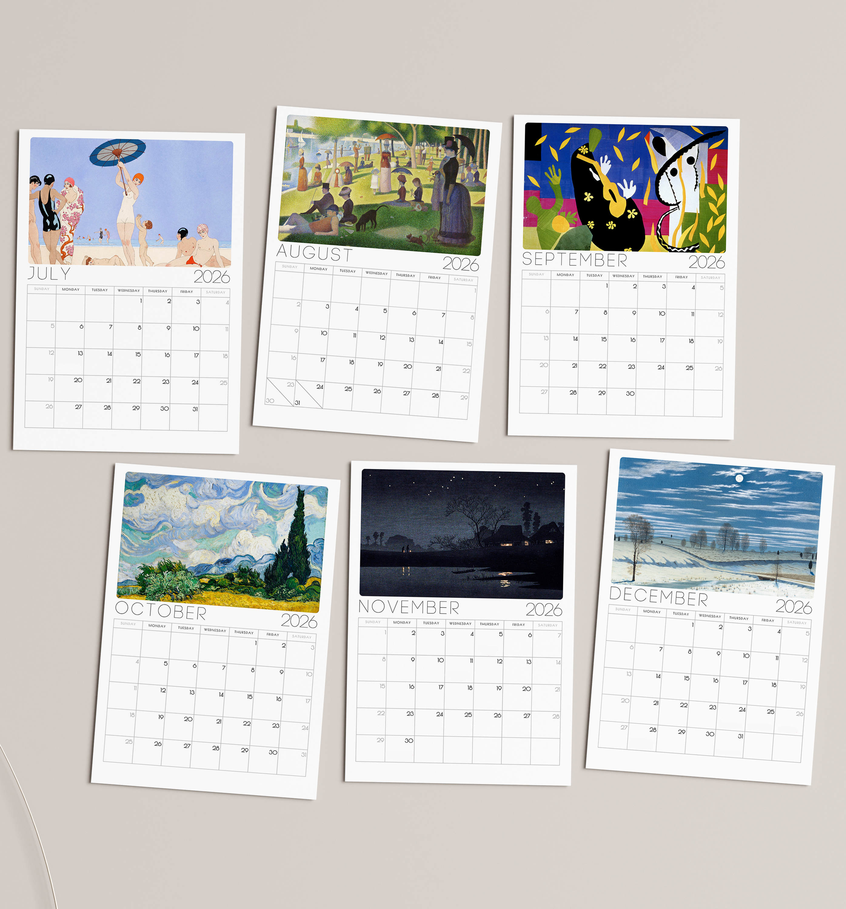 2026 Monthly Classic Art Desk Calendar – Iconic Paintings from renowned Artists with or without wooden stand