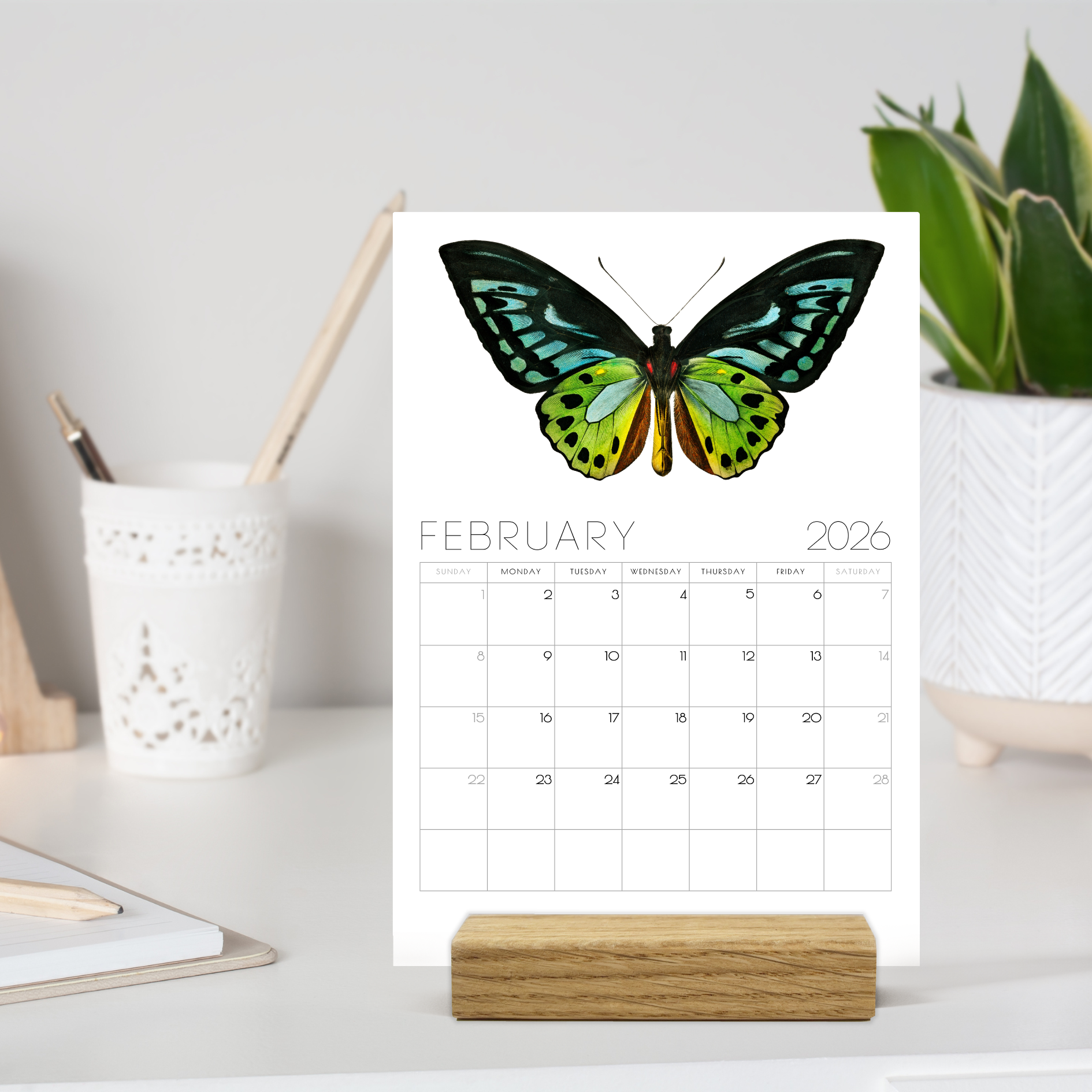 2026 Minimalist Vintage Butterfly Art Desk Calendar – Vintage Wildlife Art Calendar with or without wooden stand 