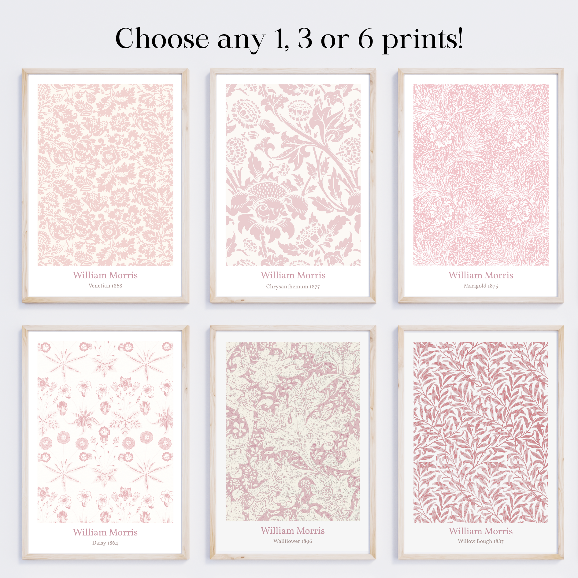Unframed Blush Pink William Morris Art Prints Set – Vintage Botanical Floral Wall Decor (1, 3 or 6 Prints)
