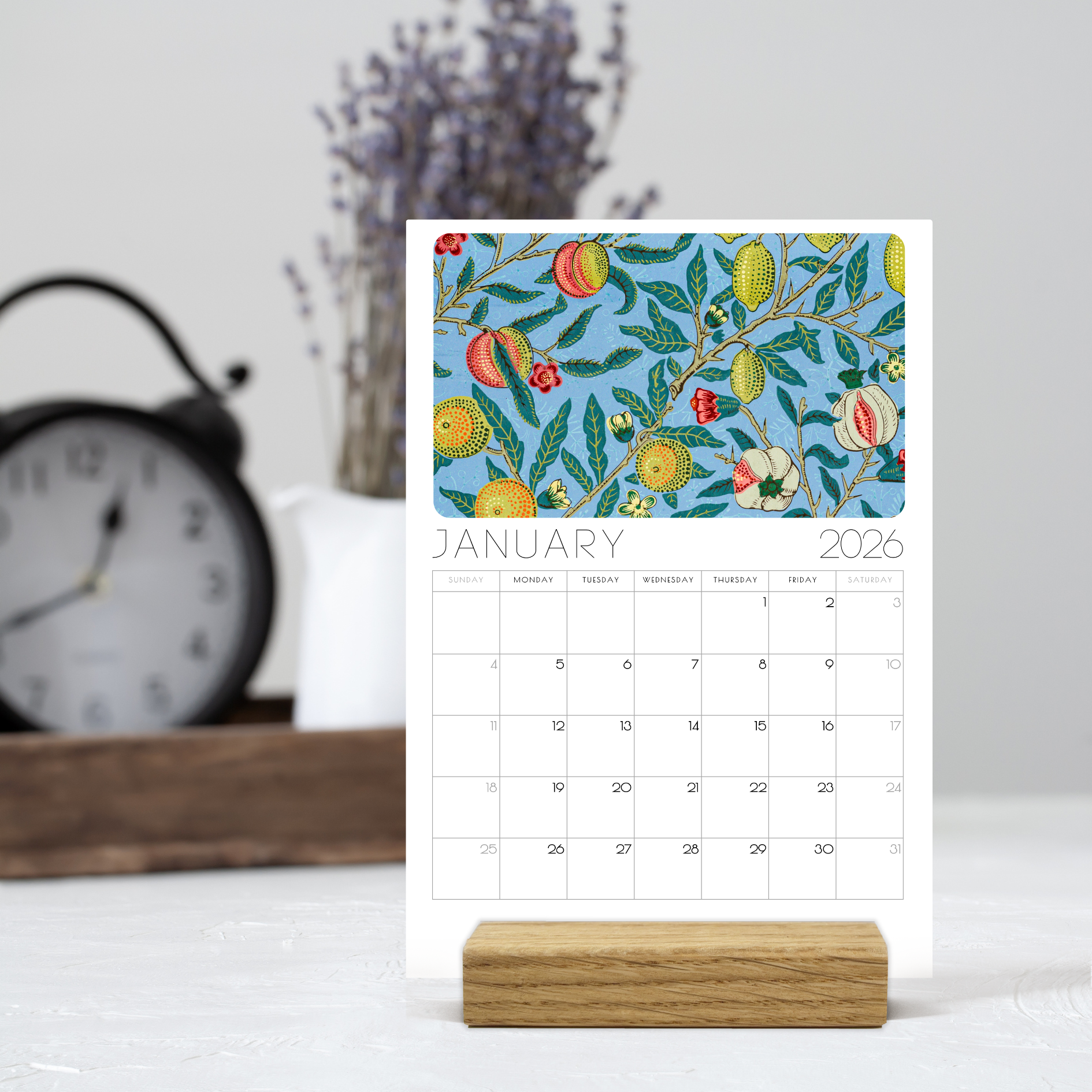 William Morris 2026 Desk Calendar – Vintage Arts & Crafts Floral Design with or without wooden stand