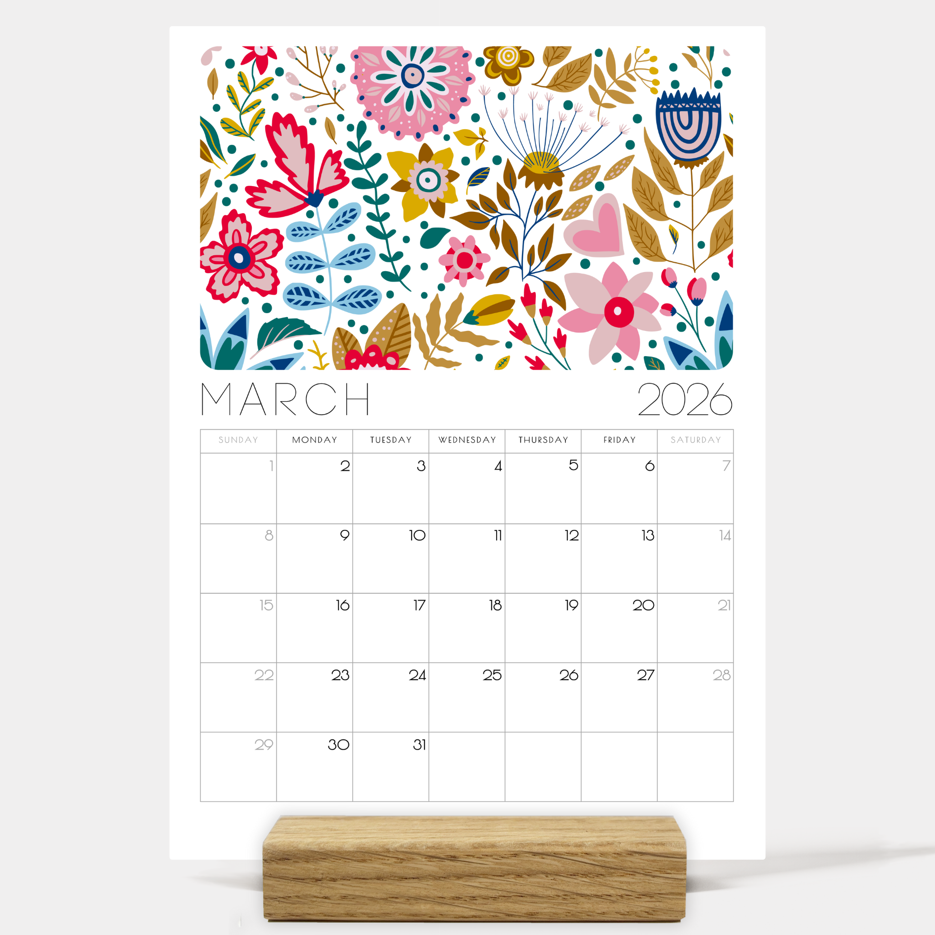 2026 Scandi Floral Folk Art Desk Calendar – Modern Botanical Art with or without wooden stand