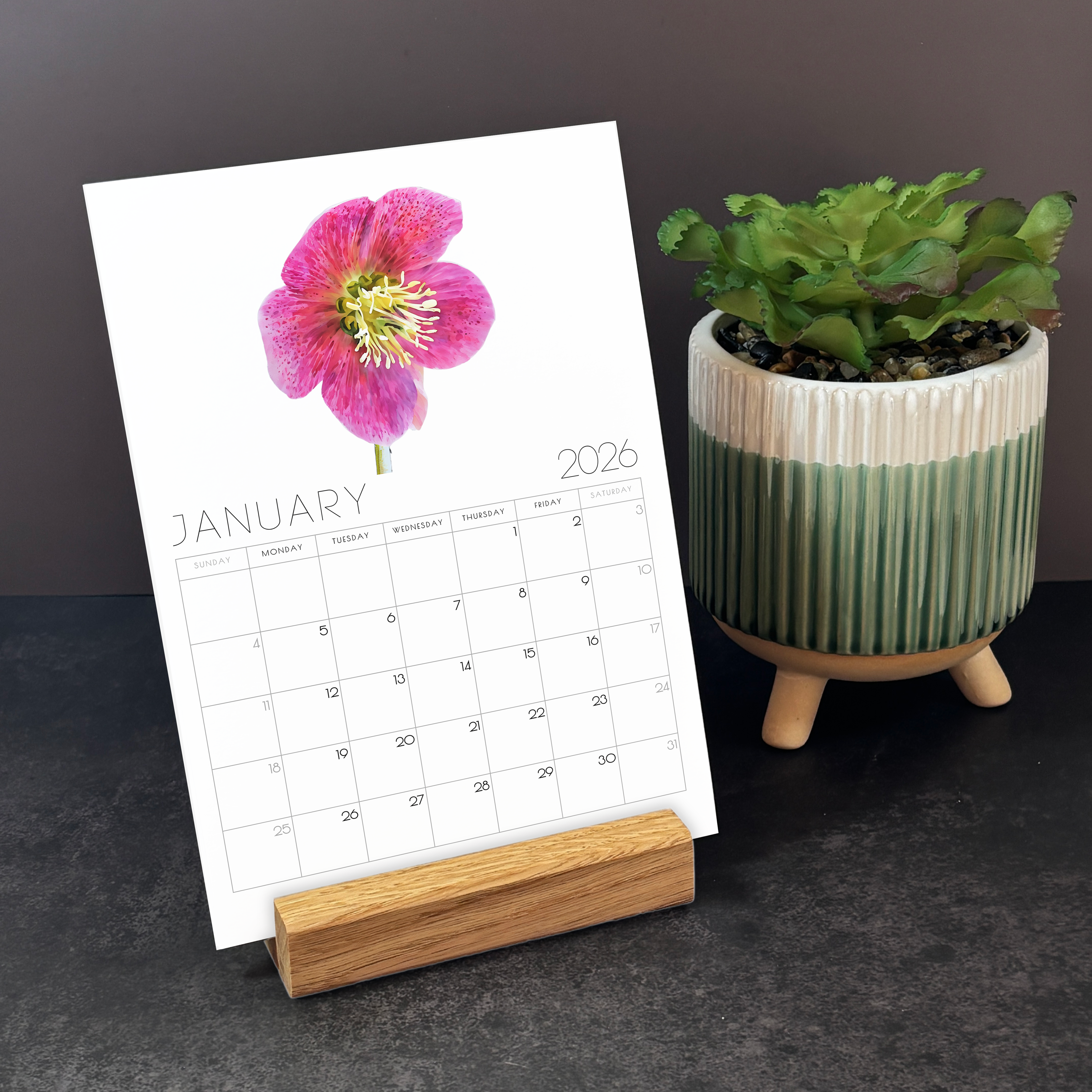 2026 Minimalist Floral Desk Calendar – Elegant Botanical Illustrations with or without wooden stand