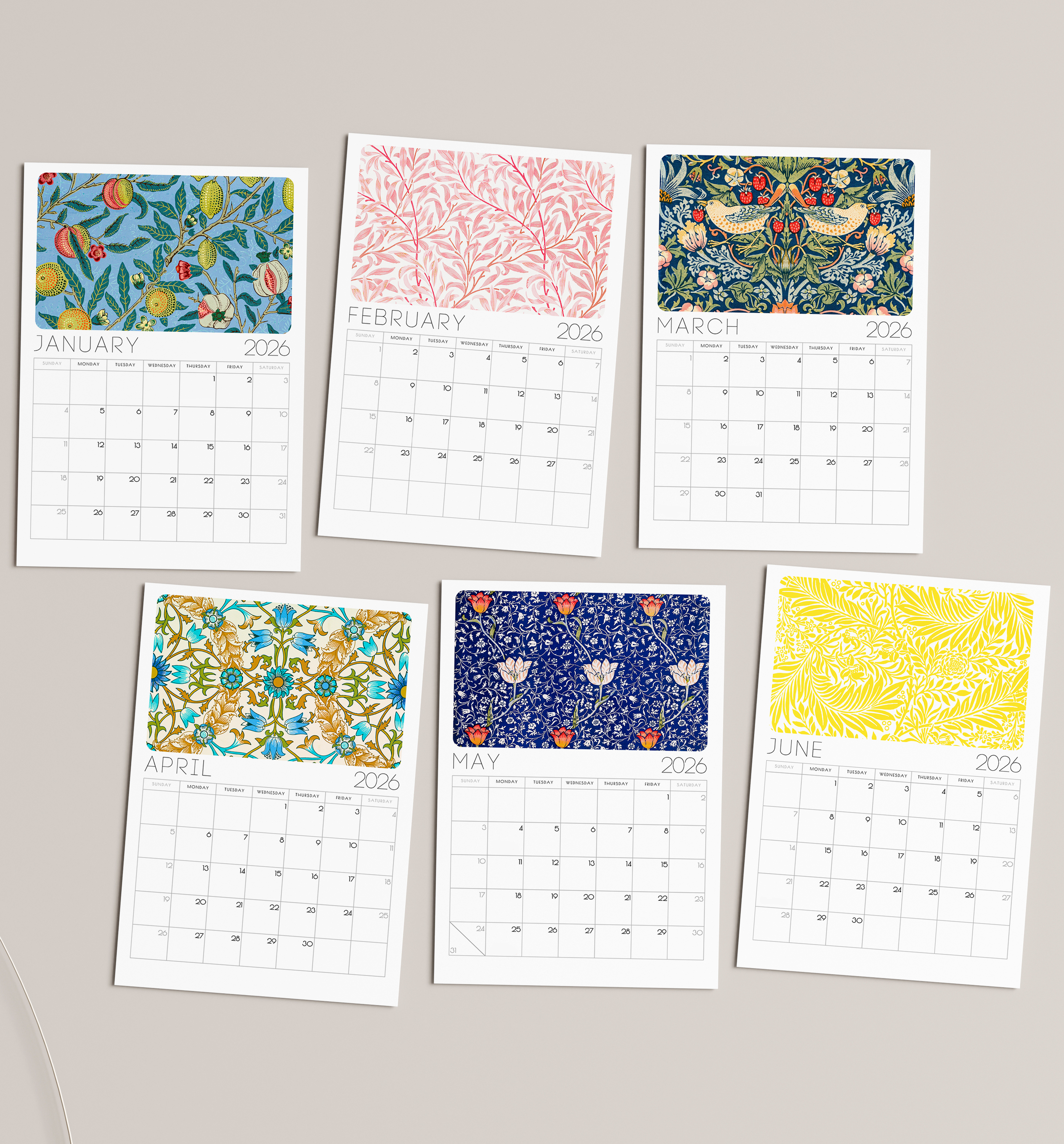 William Morris 2026 Desk Calendar – Vintage Arts & Crafts Floral Design with or without wooden stand
