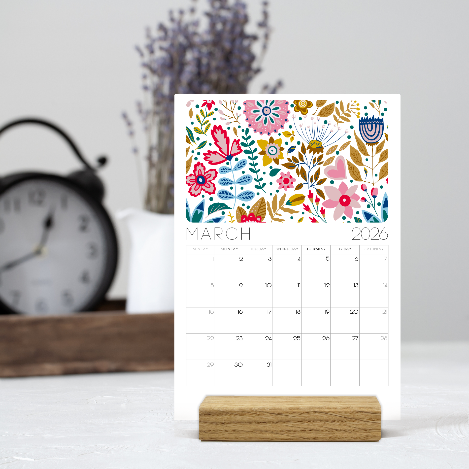 2026 Scandi Floral Folk Art Desk Calendar – Modern Botanical Art with or without wooden stand