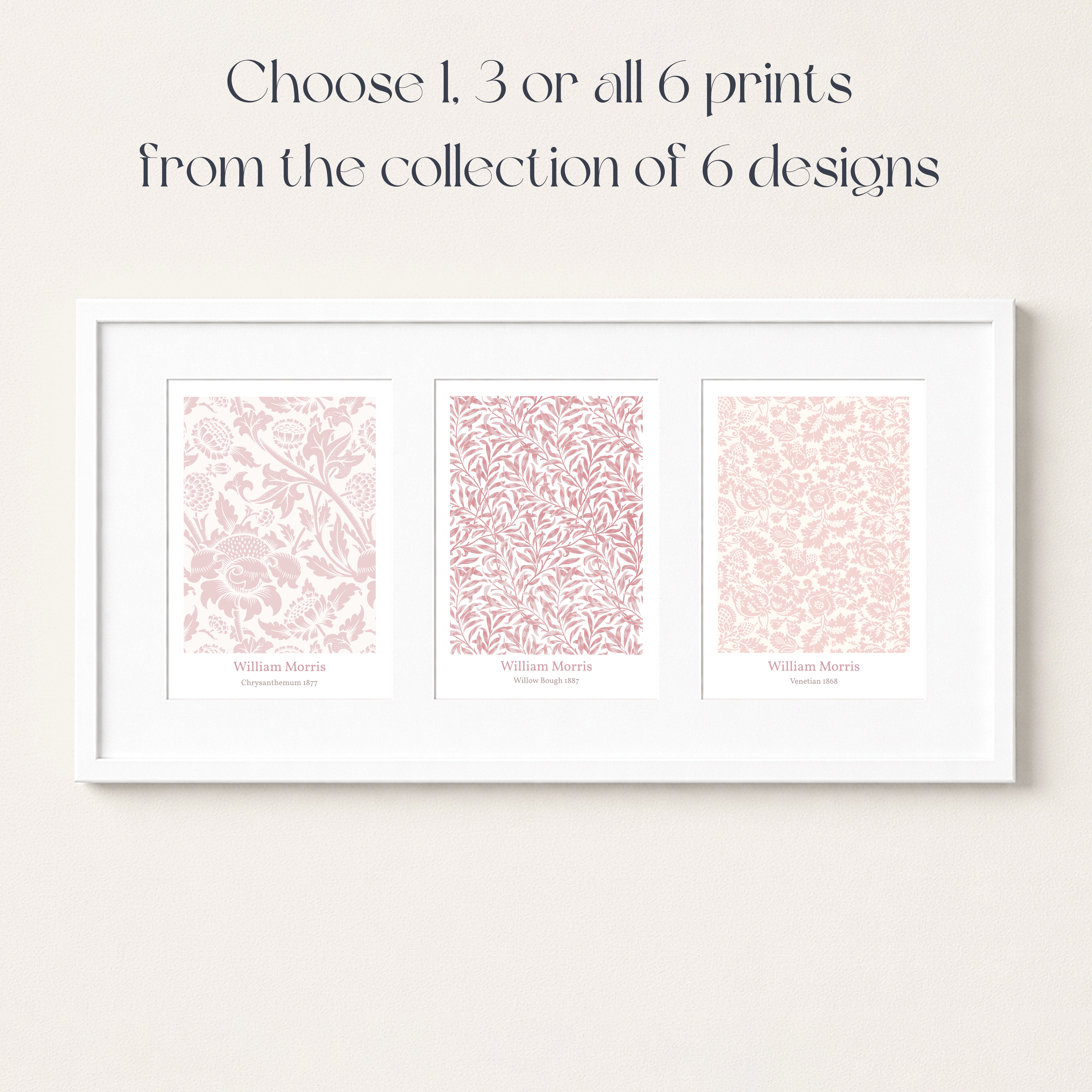 Unframed Blush Pink William Morris Art Prints Set – Vintage Botanical Floral Wall Decor (1, 3 or 6 Prints)