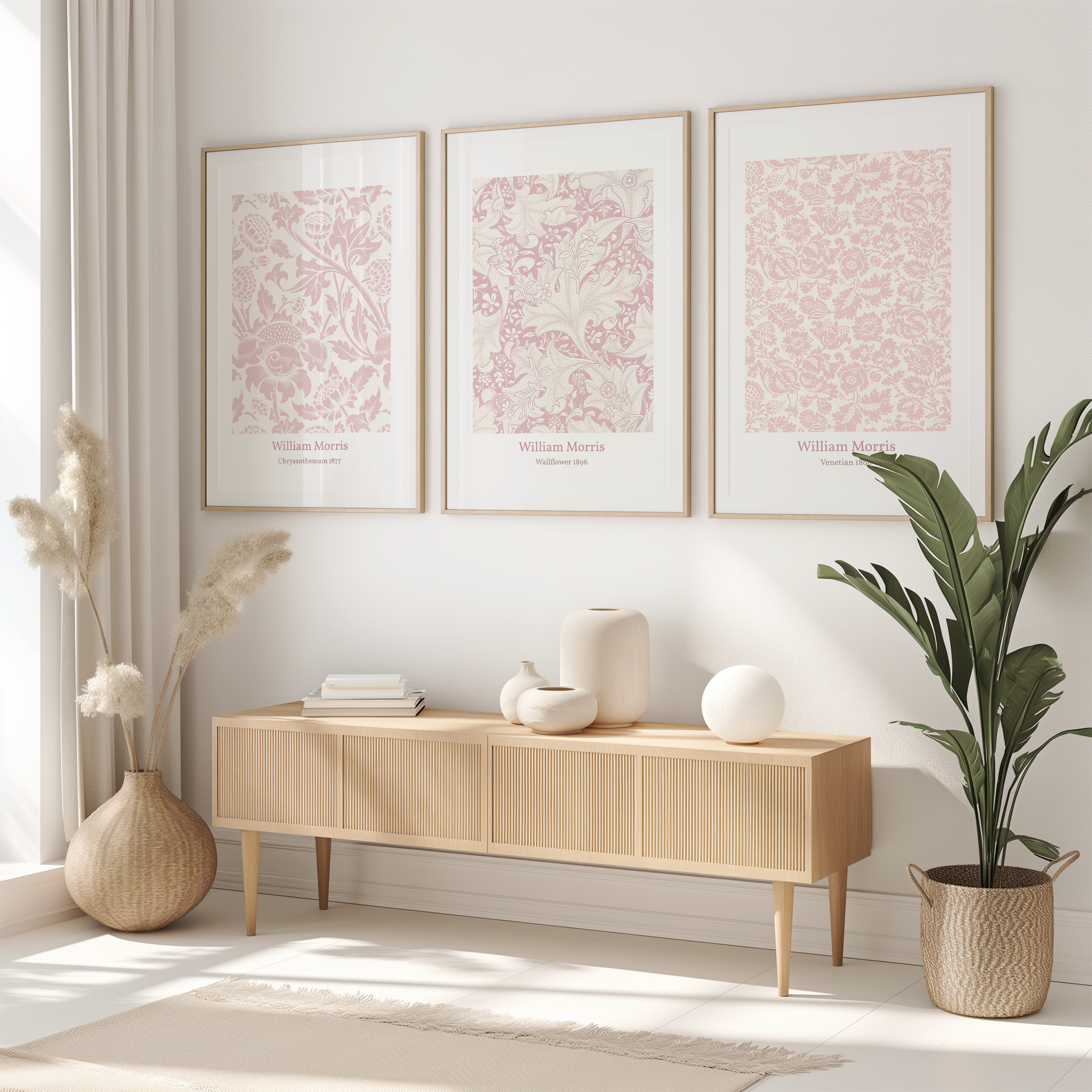 Unframed Blush Pink William Morris Art Prints Set – Vintage Botanical Floral Wall Decor (1, 3 or 6 Prints)