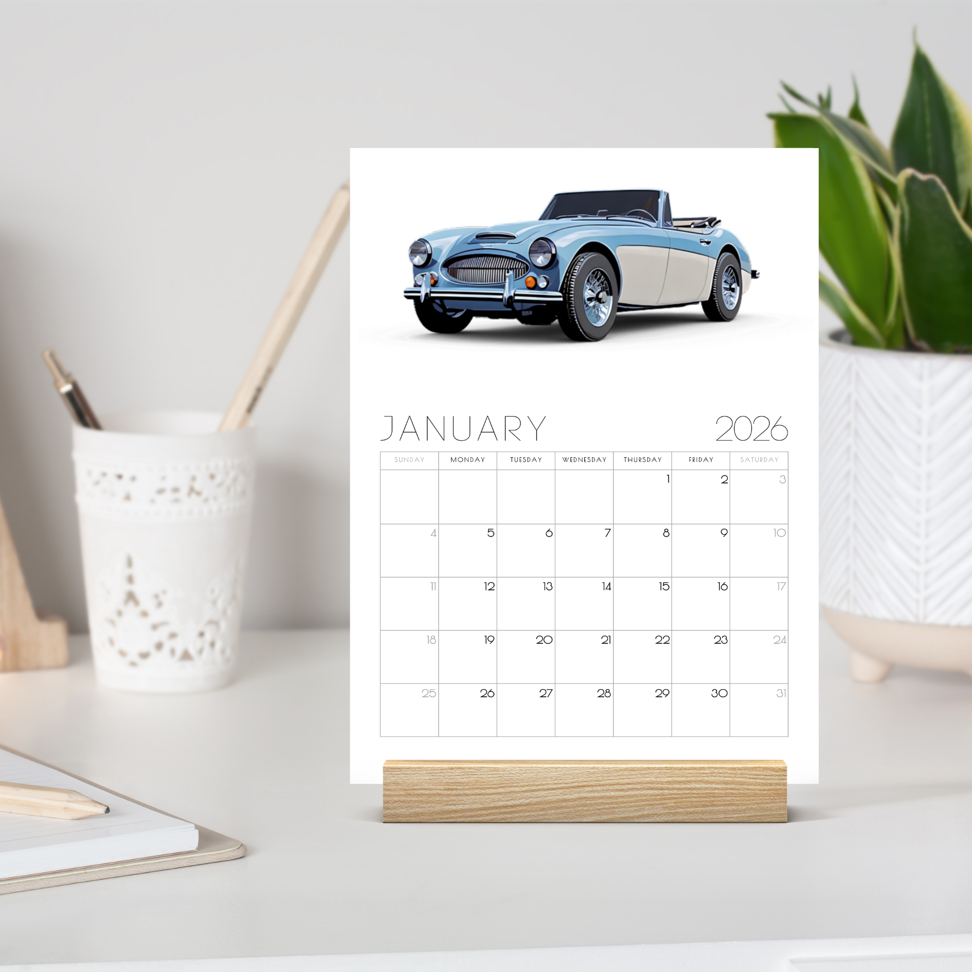 2026 Classic Car Desk Calendar – with or without wooden stand