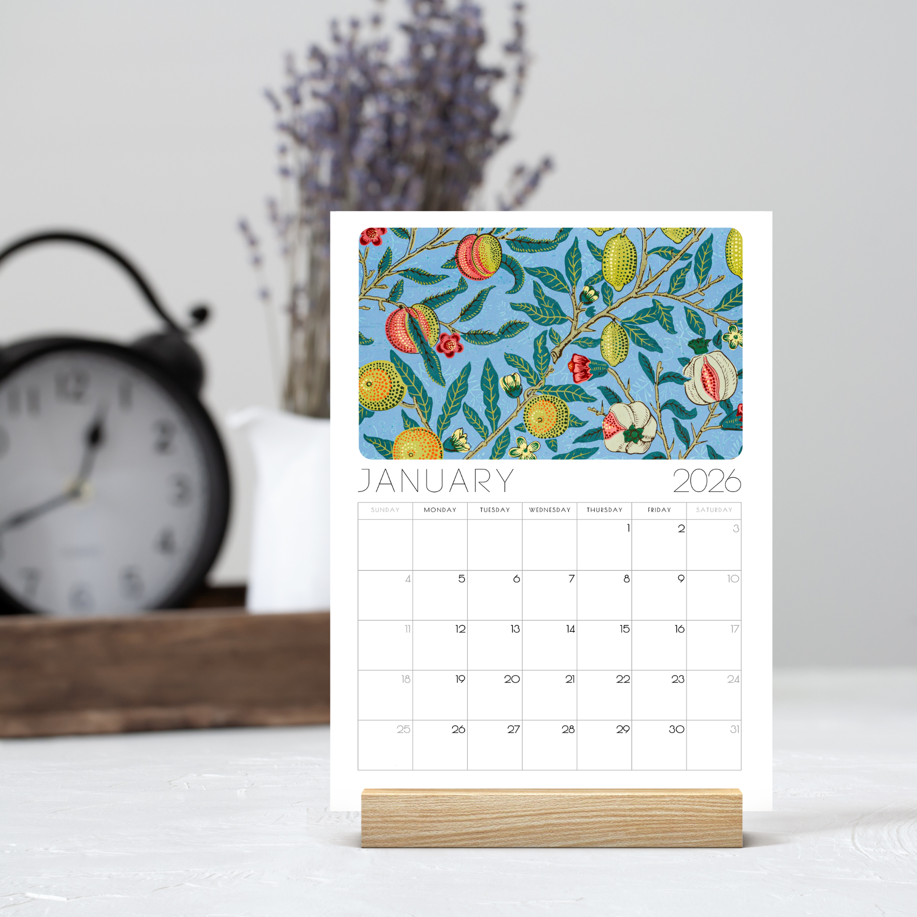 William Morris 2026 Desk Calendar – Vintage Arts & Crafts Floral Design with or without wooden stand