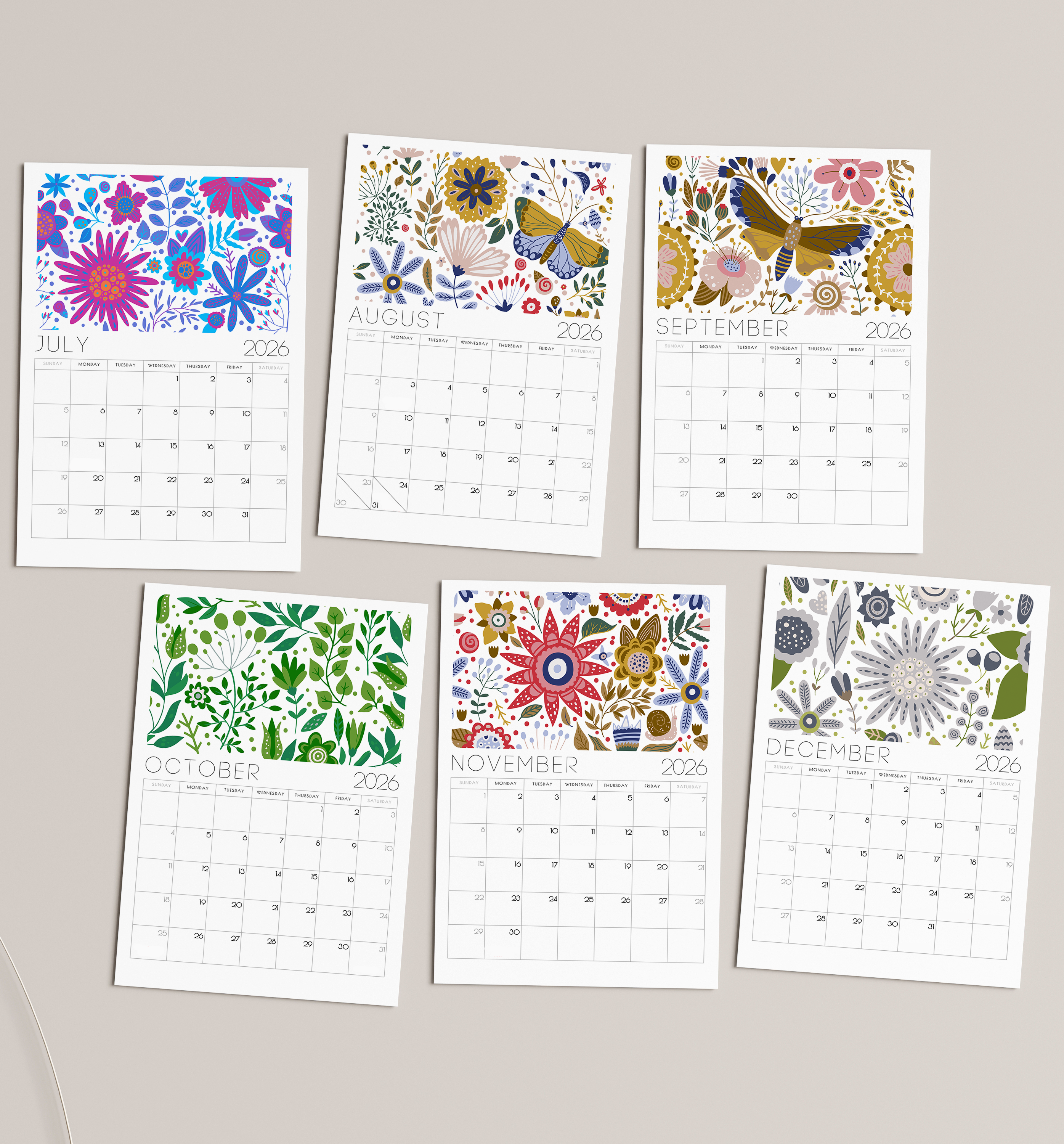 2026 Scandi Floral Folk Art Desk Calendar – Modern Botanical Art with or without wooden stand