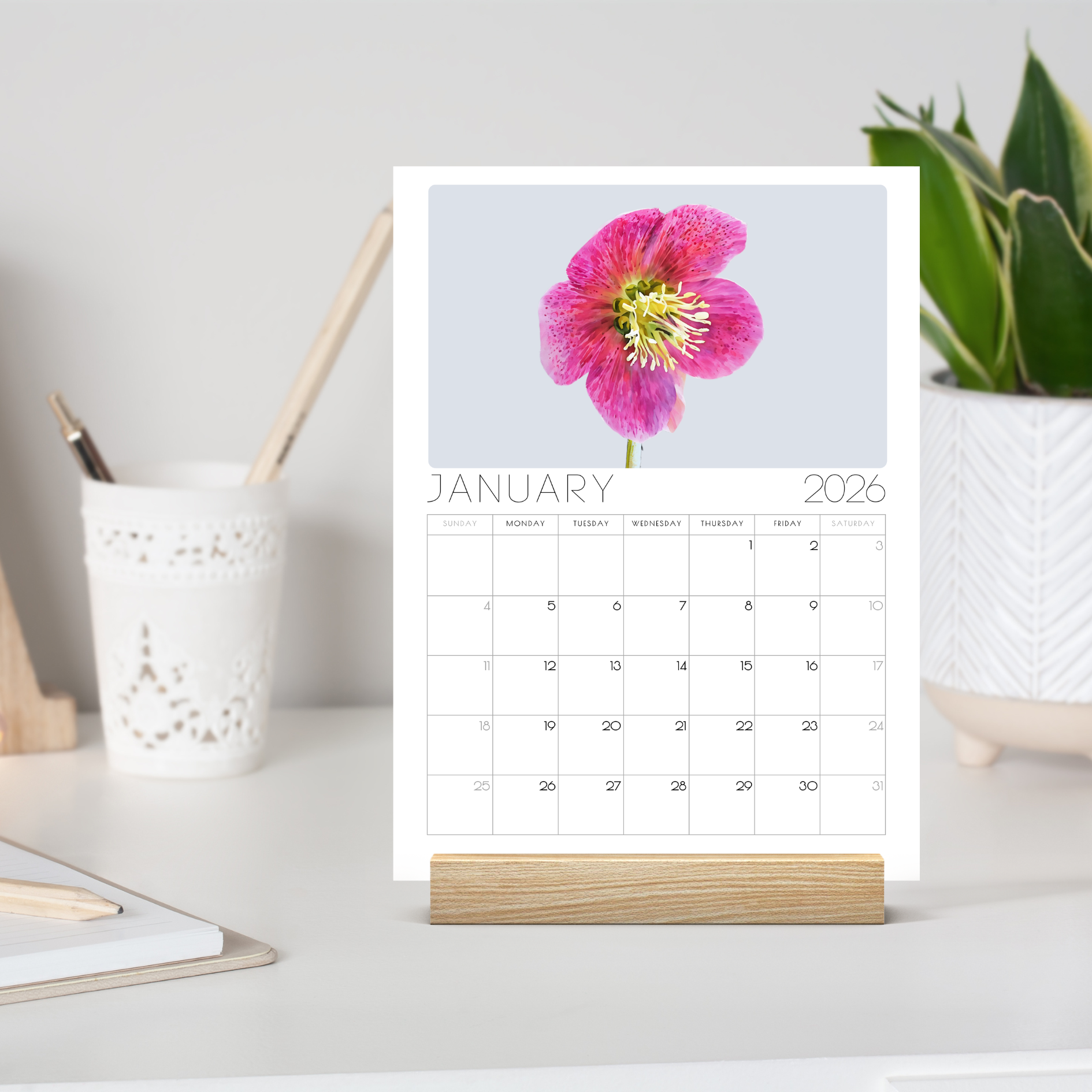 2026 Minimalist Floral Desk Calendar – Elegant Botanical Illustrations with or without wooden stand
