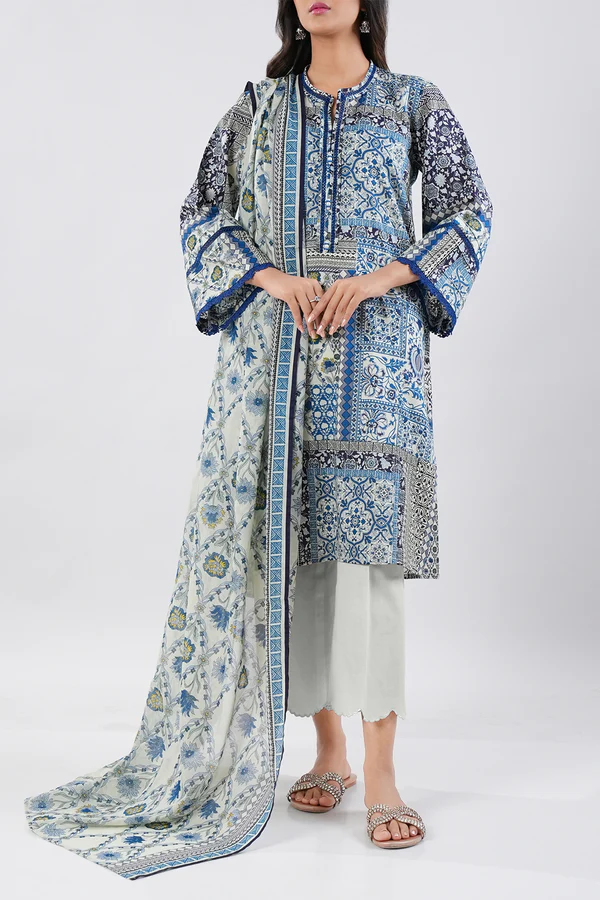 SAYA 3Pc Lawn Printed.Blue Floral Print Kurta Set