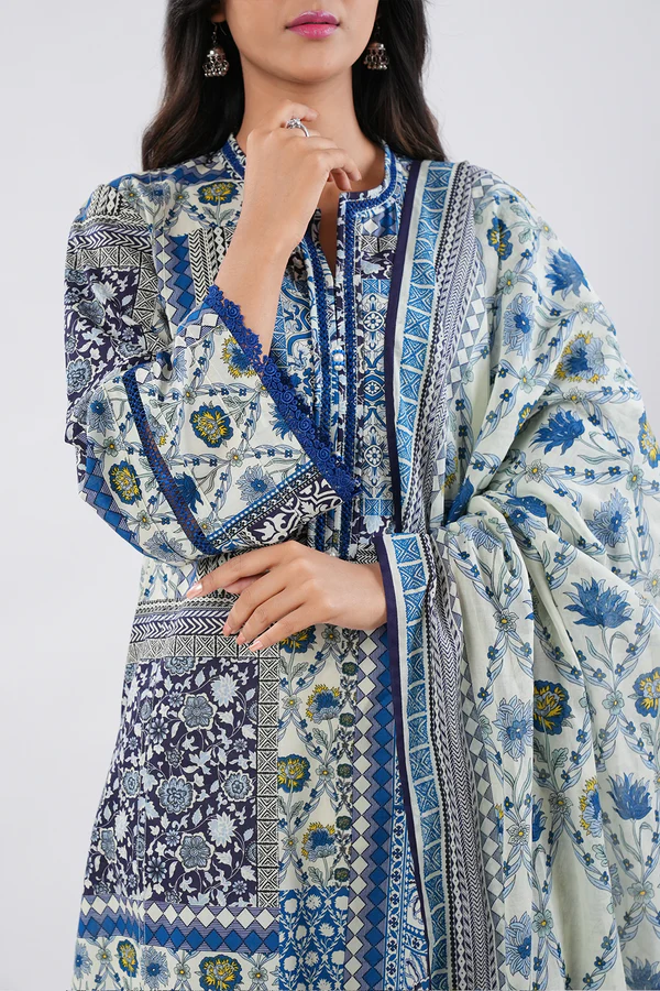 SAYA 3Pc Lawn Printed.Blue Floral Print Kurta Set