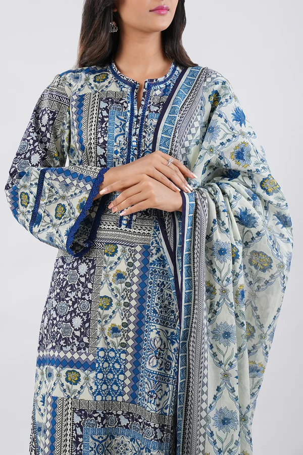 SAYA 3Pc Lawn Printed.Blue Floral Print Kurta Set