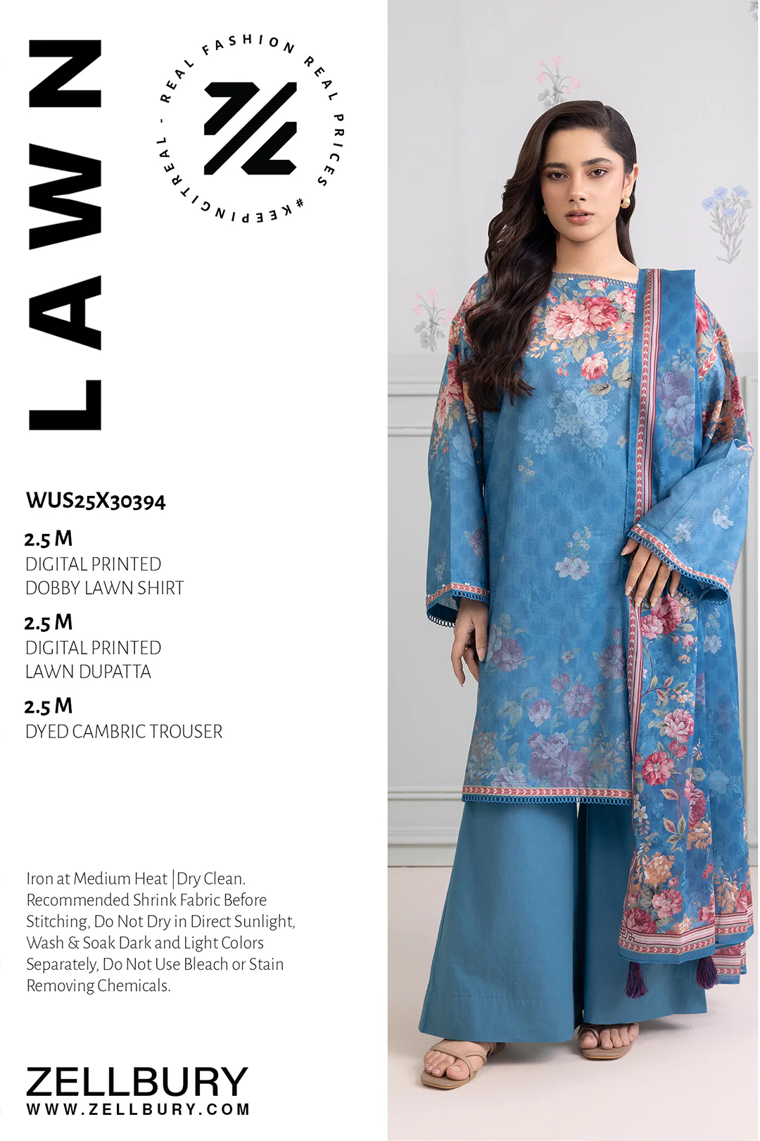ZELLBURY 3 Piece Printed Lawn Shirt Shalwar Dupatta in Blue Color