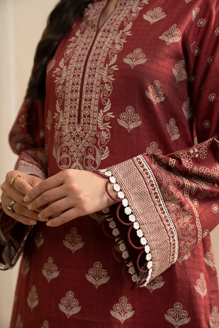ZELLBURY 3 Piece Printed Lawn Shirt Shalwar Dupatta in Red Color