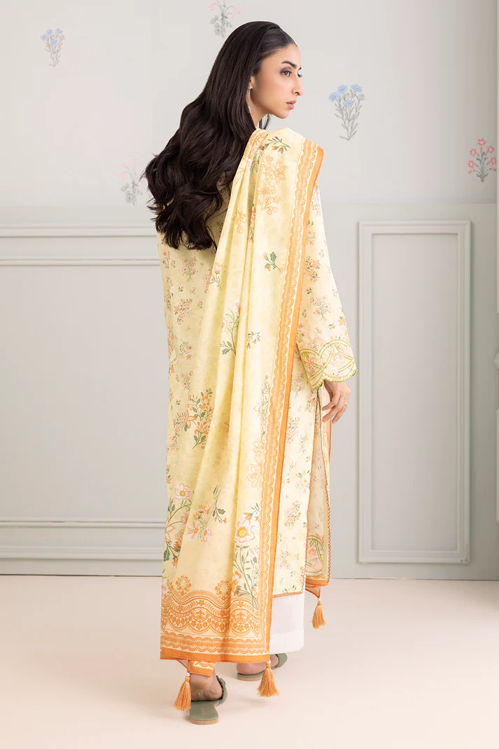 ZELLBURY 2 Piece Embroidered Lawn Shirt Dupatta in Lemon Yellow Color
