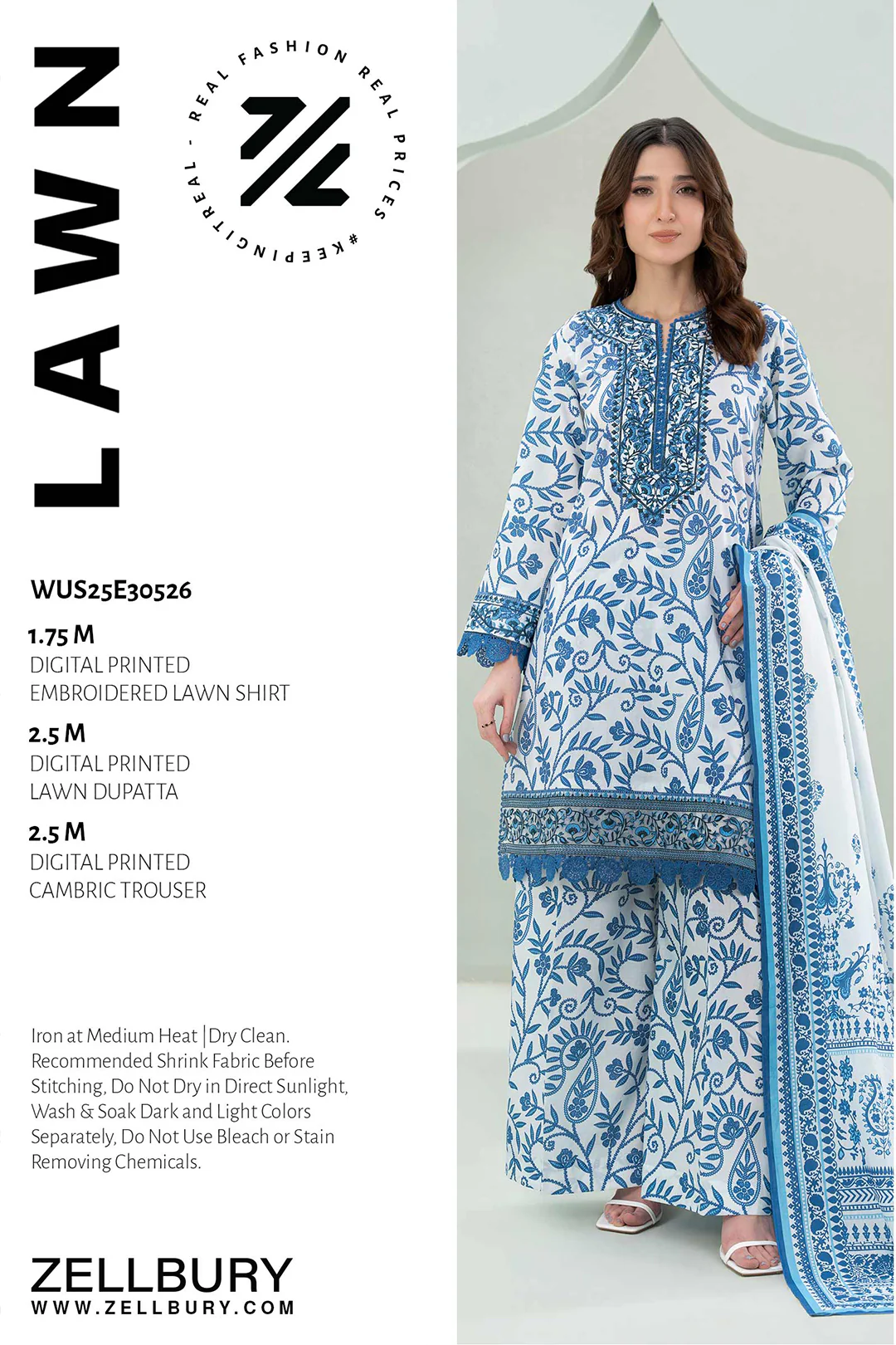 ZELLBURY 3 Piece Embroidered Lawn Shirt Shalwar Dupatta in Off White Color