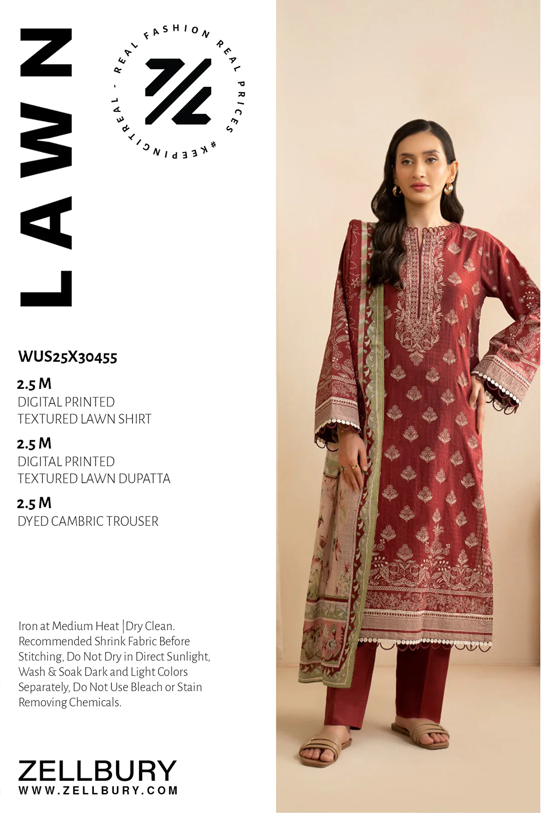ZELLBURY 3 Piece Printed Lawn Shirt Shalwar Dupatta in Red Color