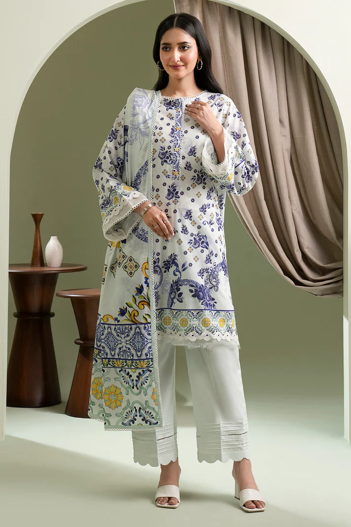 ZELLBURY3 Piece Printed Lawn Shirt Shalwar Dupatta in White Color
