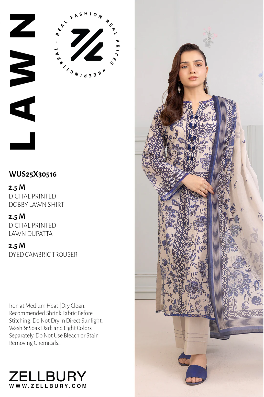 ZELLBURY Digital Print3 Piece Printed Lawn Shirt Shalwar Dupatta in Cream Color
