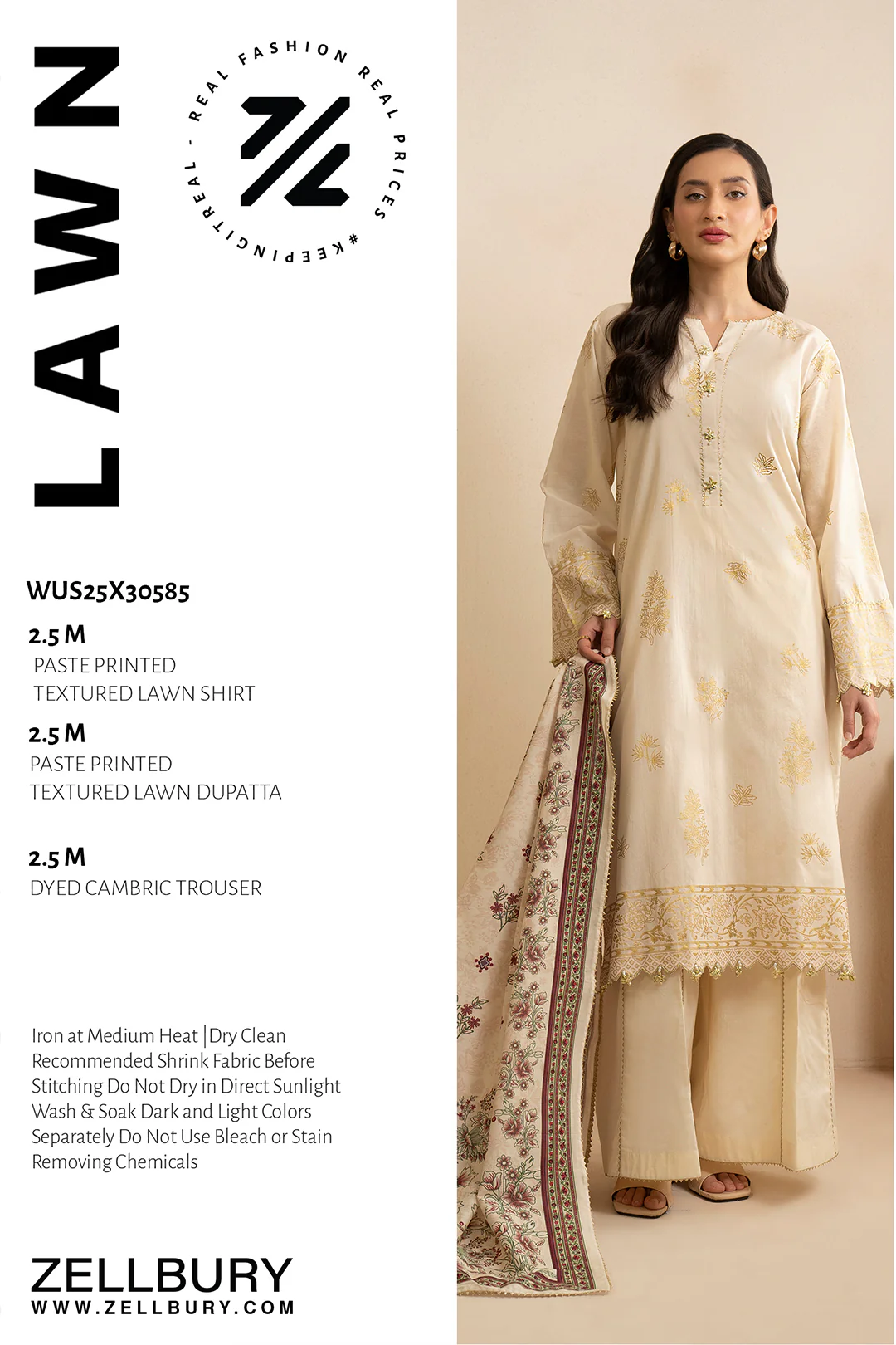  ZELLBURY3 Piece Printed Lawn Shirt Shalwar Dupatta in Beige Color