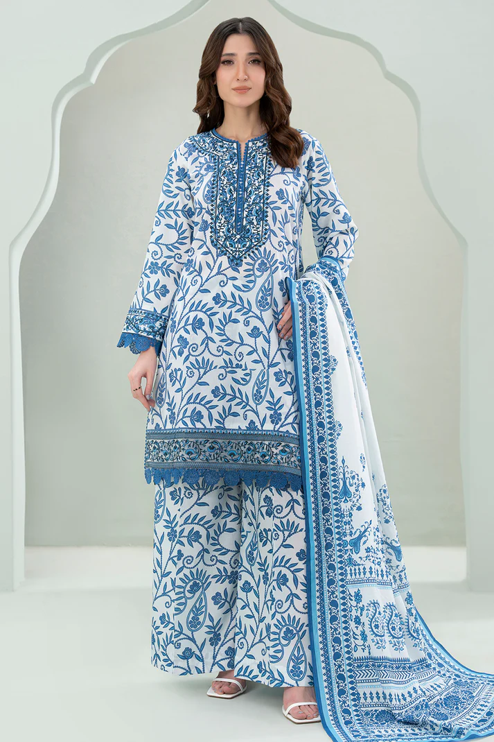 ZELLBURY 3 Piece Embroidered Lawn Shirt Shalwar Dupatta in Off White Color