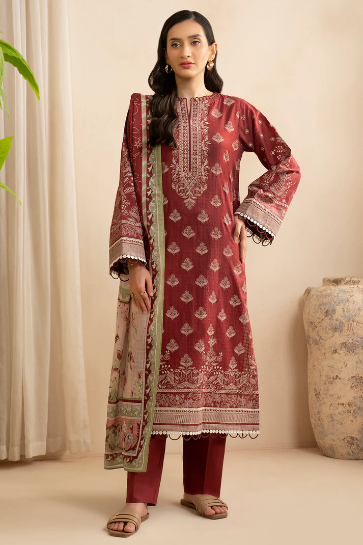ZELLBURY 3 Piece Printed Lawn Shirt Shalwar Dupatta in Red Color