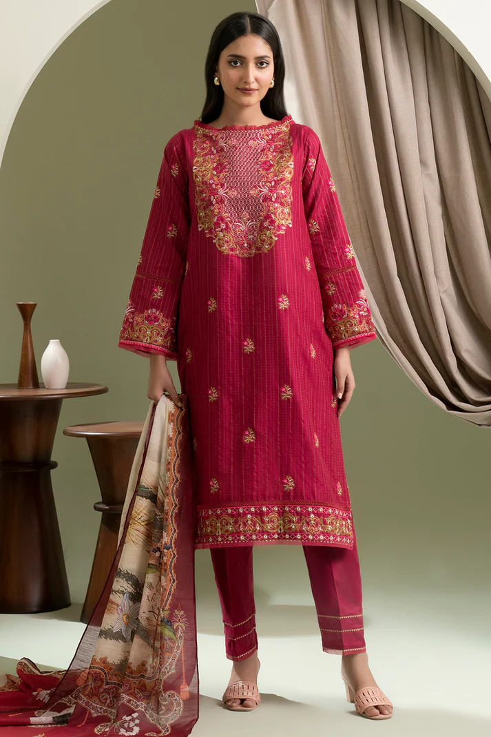ZELLBURY 3 Piece Embroidered Dobby Shirt Shalwar Dupatta in Hot Pink Color   Add to bag