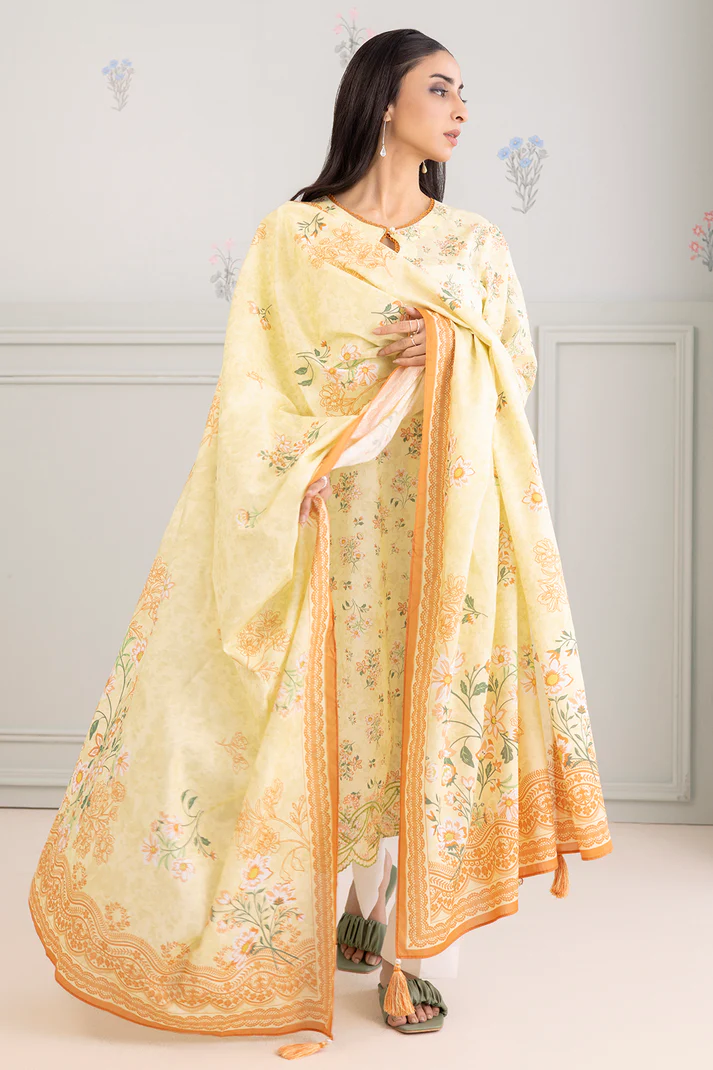 ZELLBURY 2 Piece Embroidered Lawn Shirt Dupatta in Lemon Yellow Color