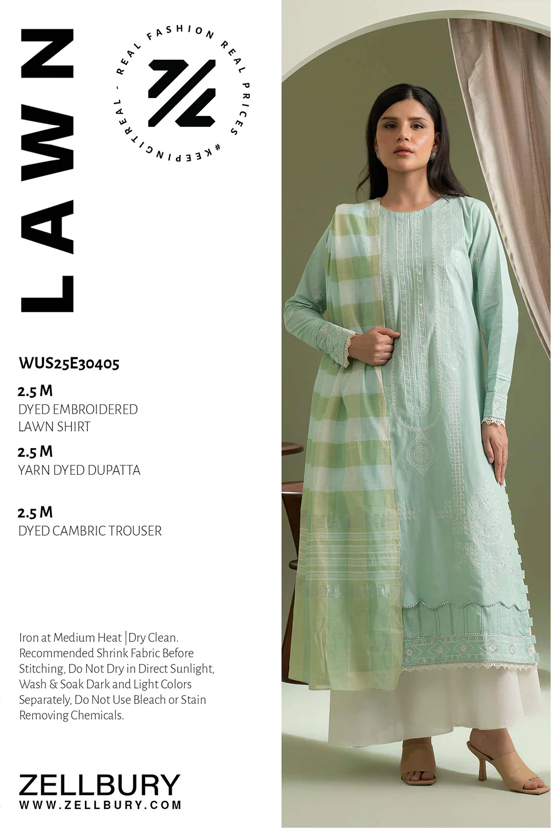 ZELLBURY Embroidered 3-Piece lawn.Mint Green