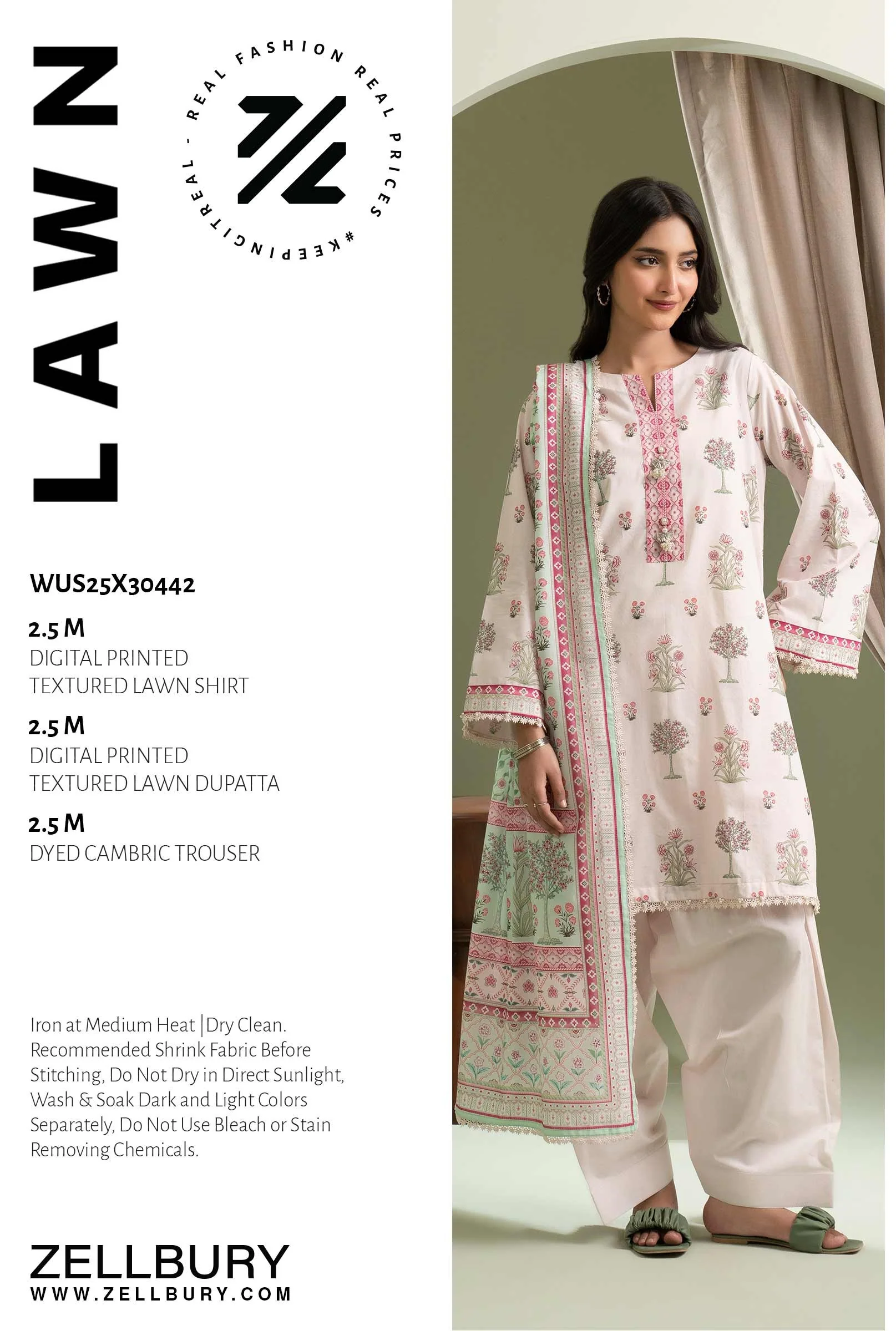 ZULLBURY 3 Piece Printed Lawn Shirt Shalwar Dupatta in Peach Color