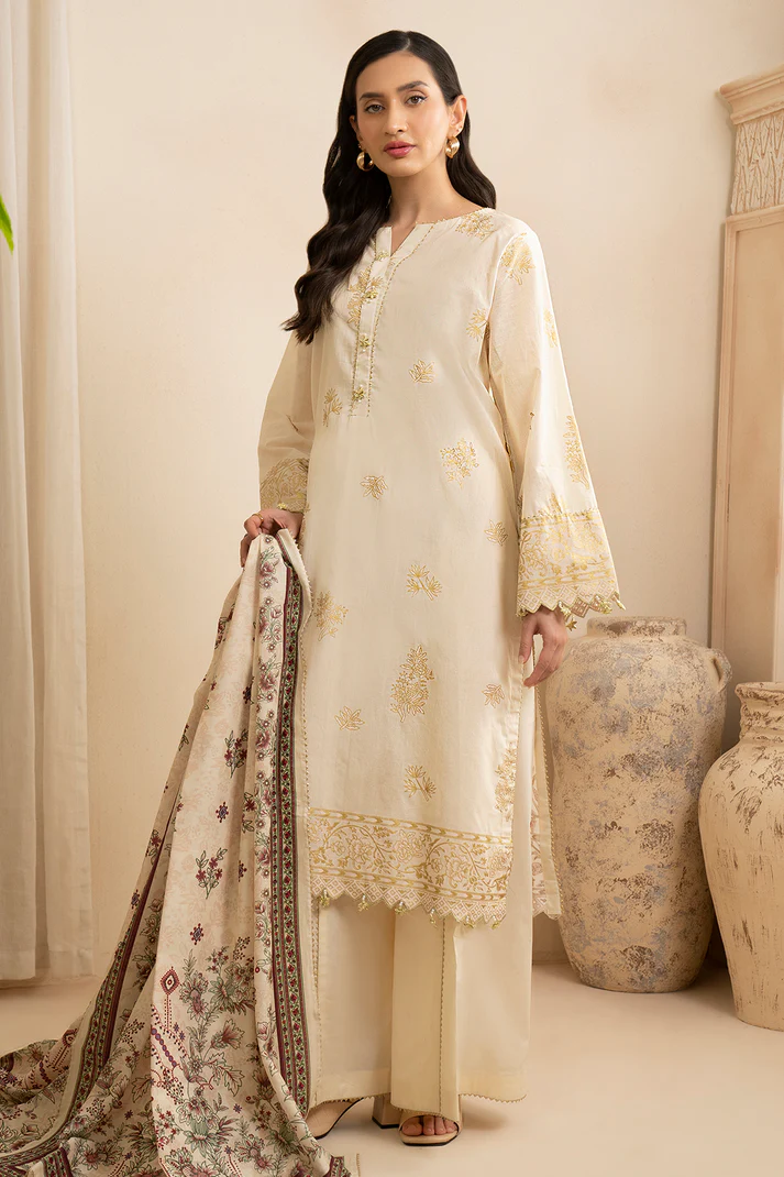  ZELLBURY3 Piece Printed Lawn Shirt Shalwar Dupatta in Beige Color