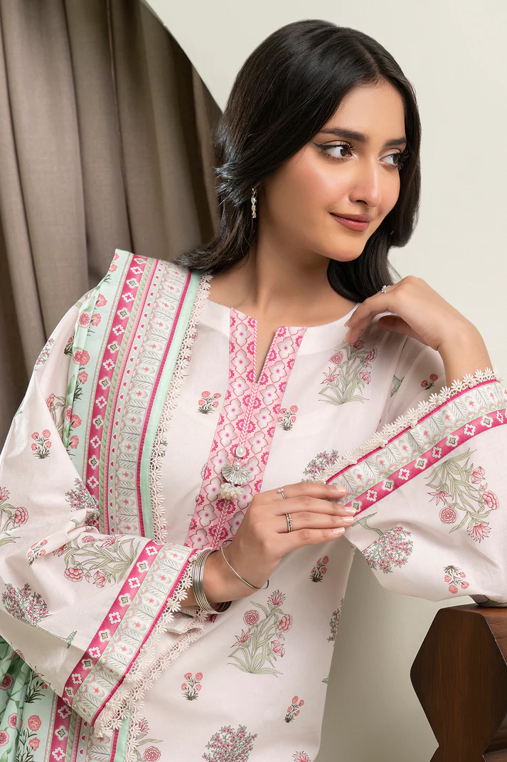 ZULLBURY 3 Piece Printed Lawn Shirt Shalwar Dupatta in Peach Color