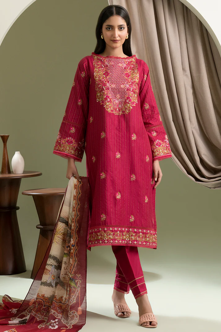 ZELLBURY 3 Piece Embroidered Dobby Shirt Shalwar Dupatta in Hot Pink Color   Add to bag