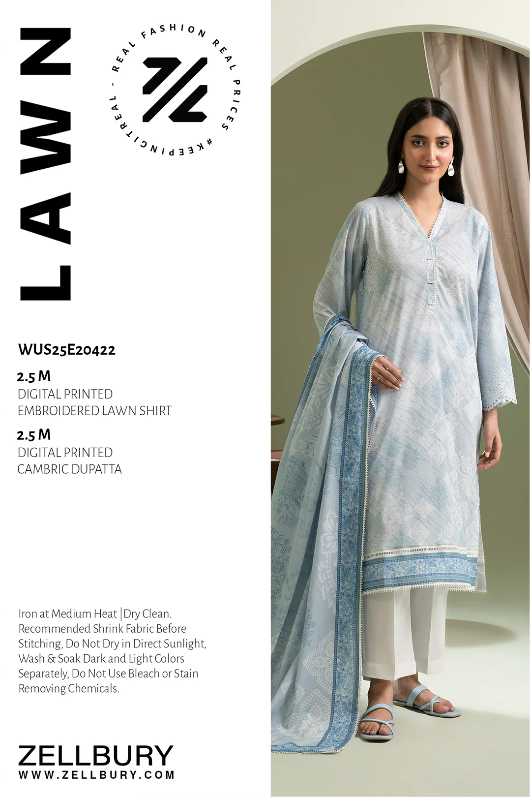 ZELLBURY  2 Piece Embroidered Lawn Shirt Dupatta in Light Grey Color