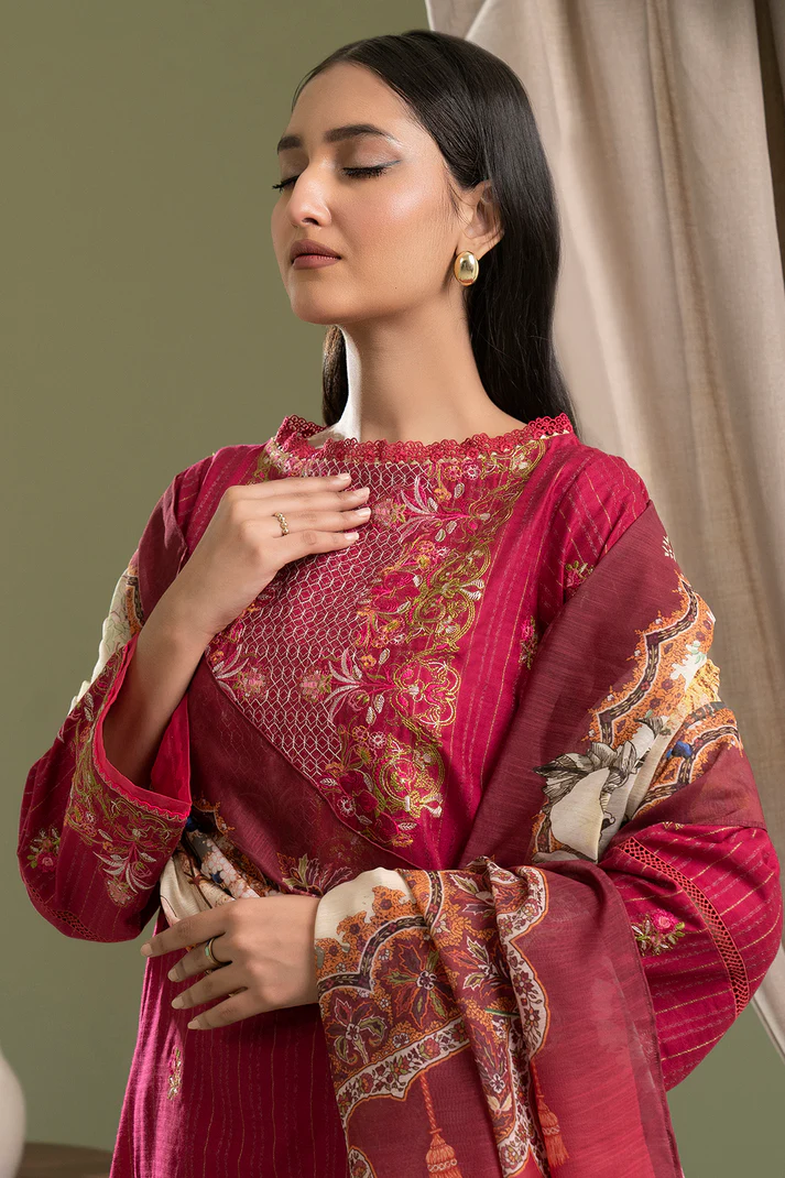 ZELLBURY 3 Piece Embroidered Dobby Shirt Shalwar Dupatta in Hot Pink Color   Add to bag