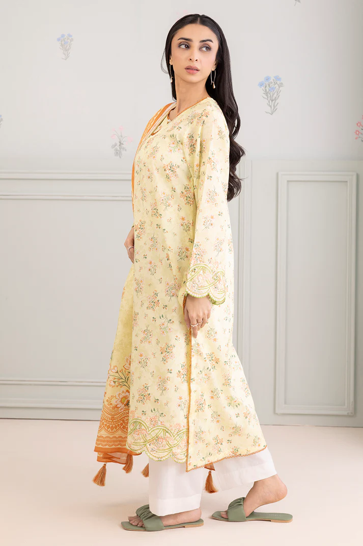 ZELLBURY 2 Piece Embroidered Lawn Shirt Dupatta in Lemon Yellow Color