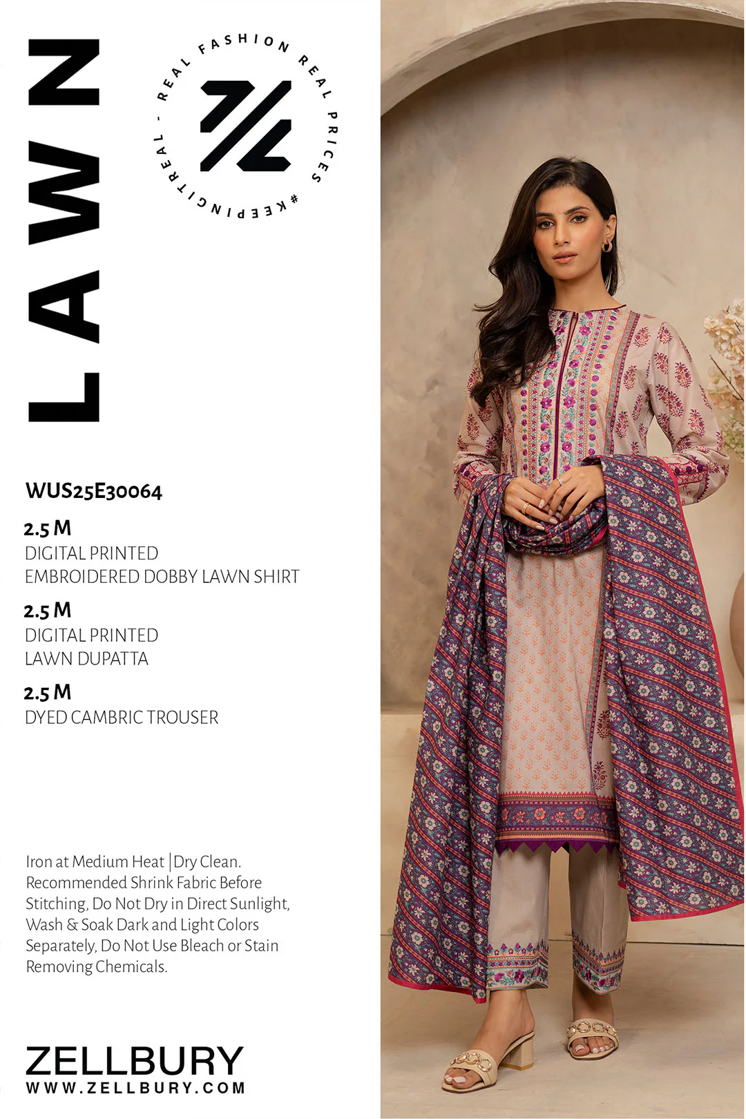 ZELLBURY 3 Piece Embroidered Lawn Shirt Shalwar Dupatta in Grey Color