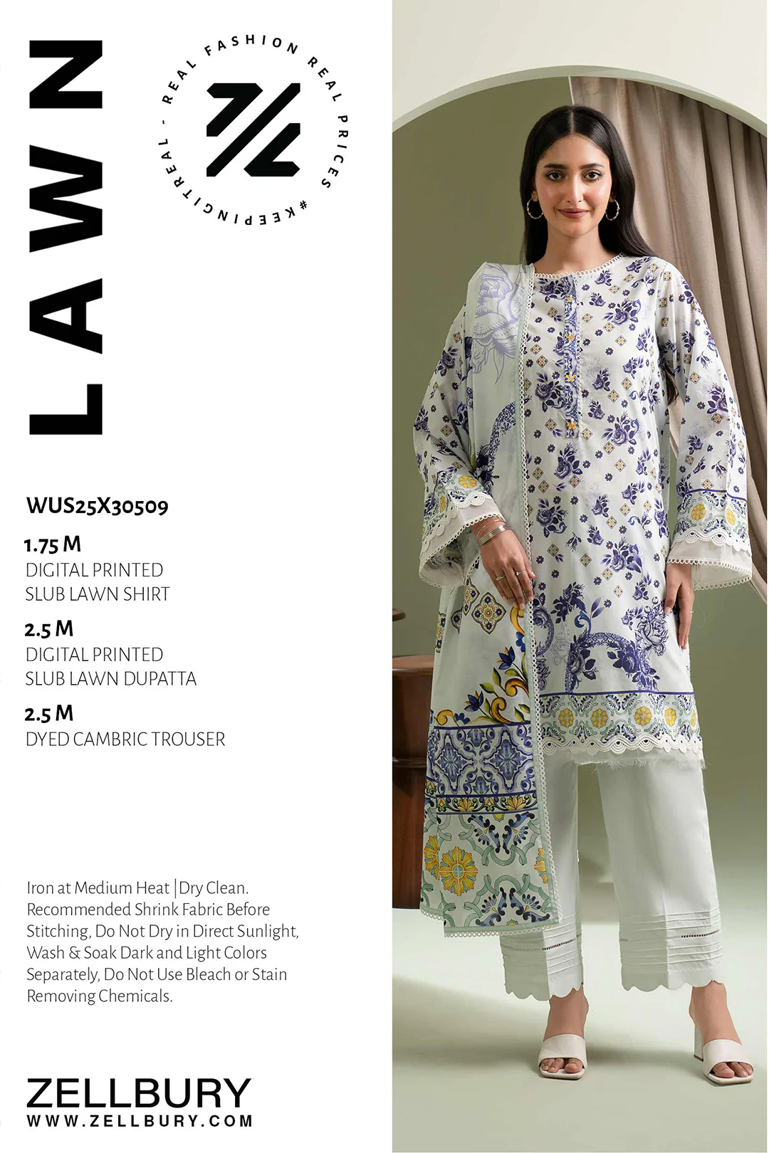 ZELLBURY3 Piece Printed Lawn Shirt Shalwar Dupatta in White Color