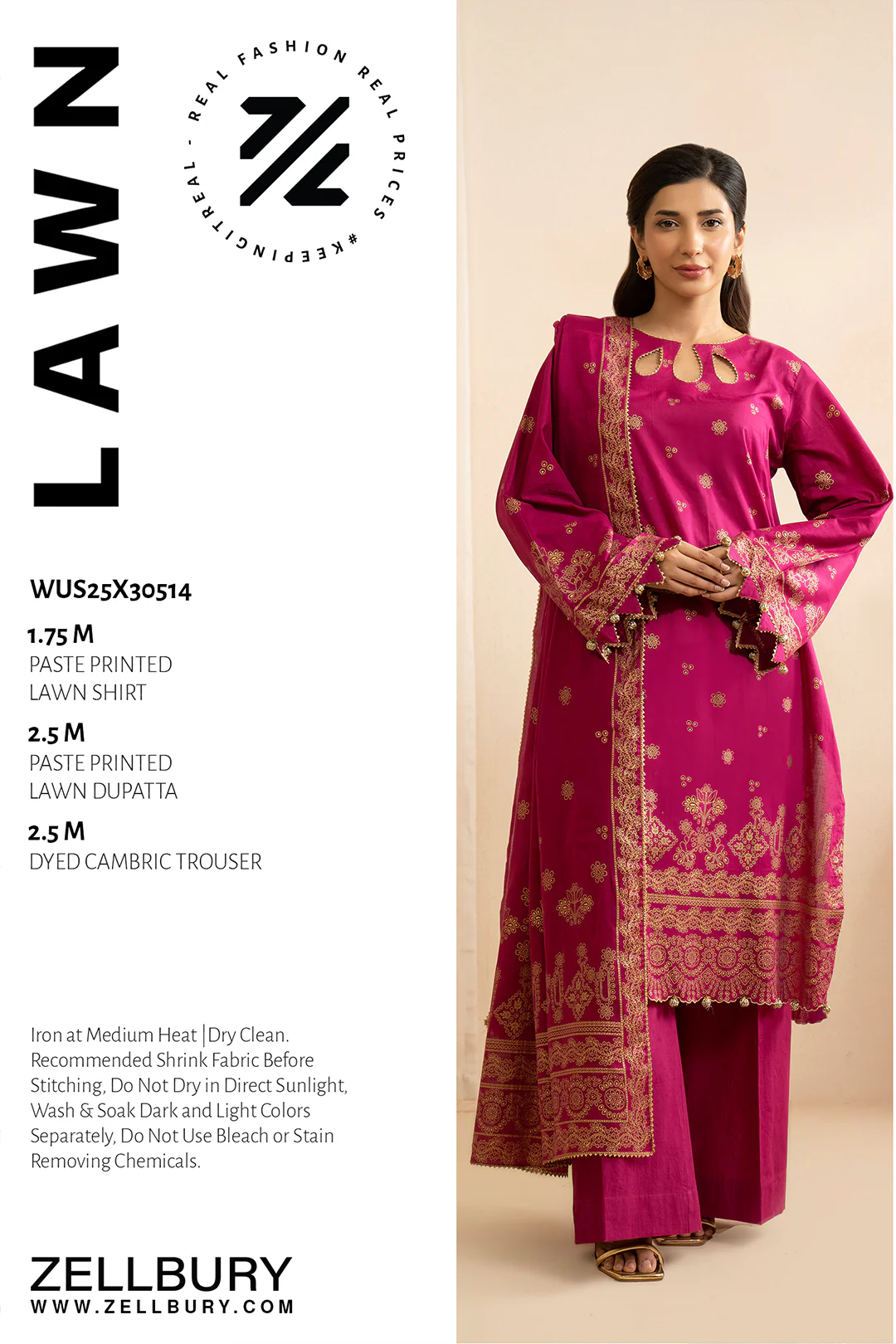 ZELLBURY 3 Piece Printed Lawn Shirt Shalwar Dupatta in Magenta Color Add to bag