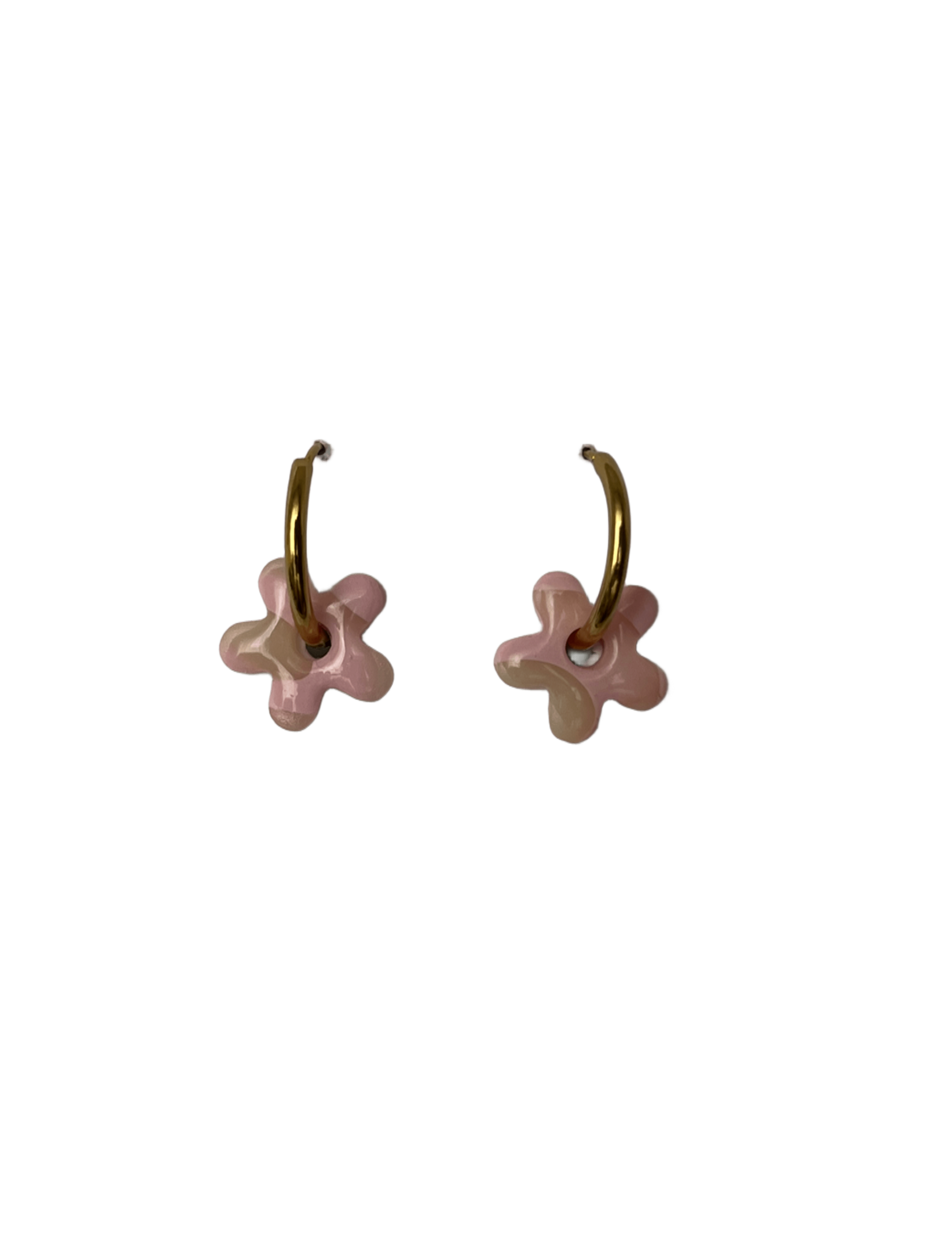 Aros charms flor mini rosa y beige translucido 