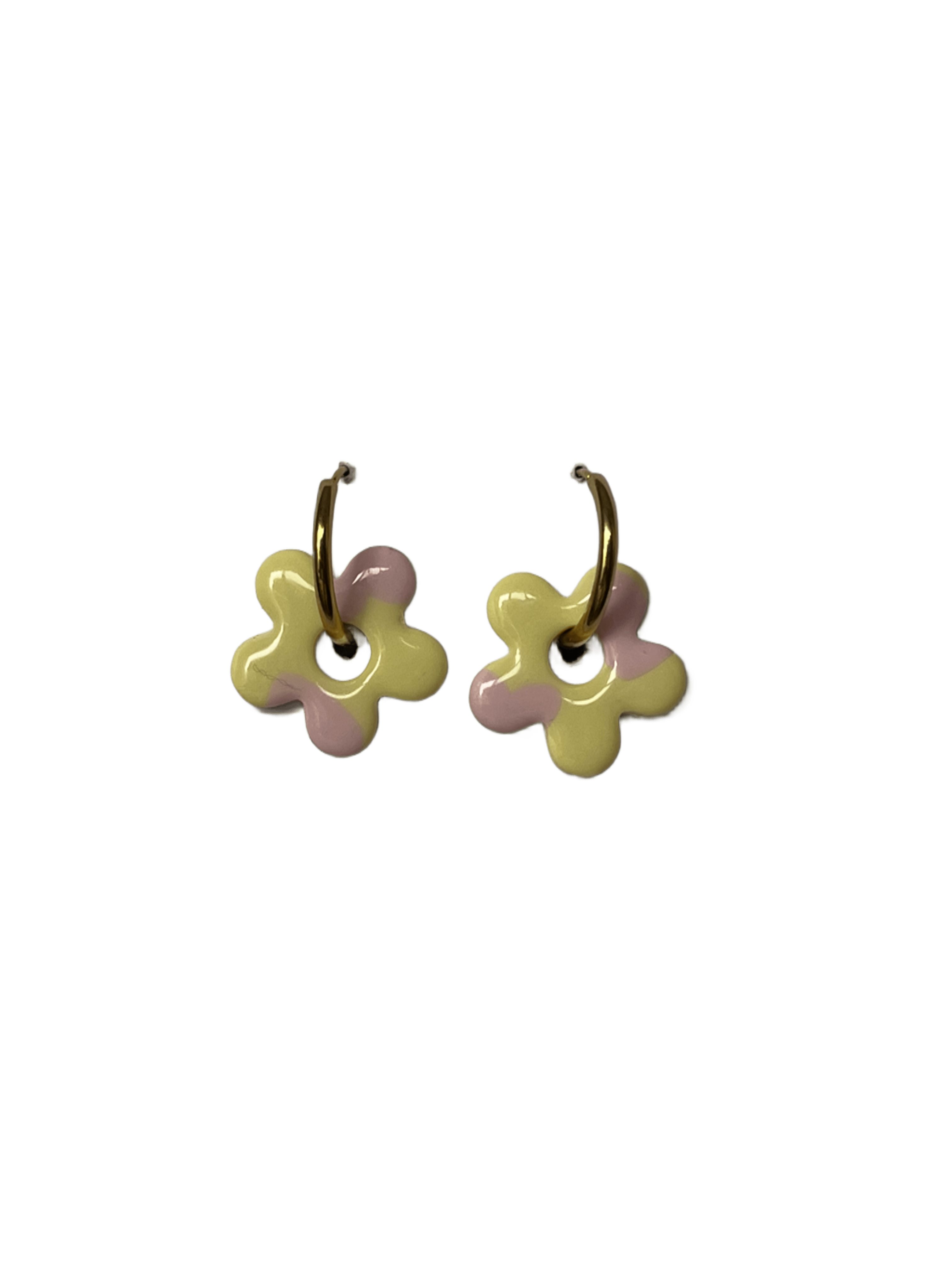 Aros charms flor amarilla, corazones rosas