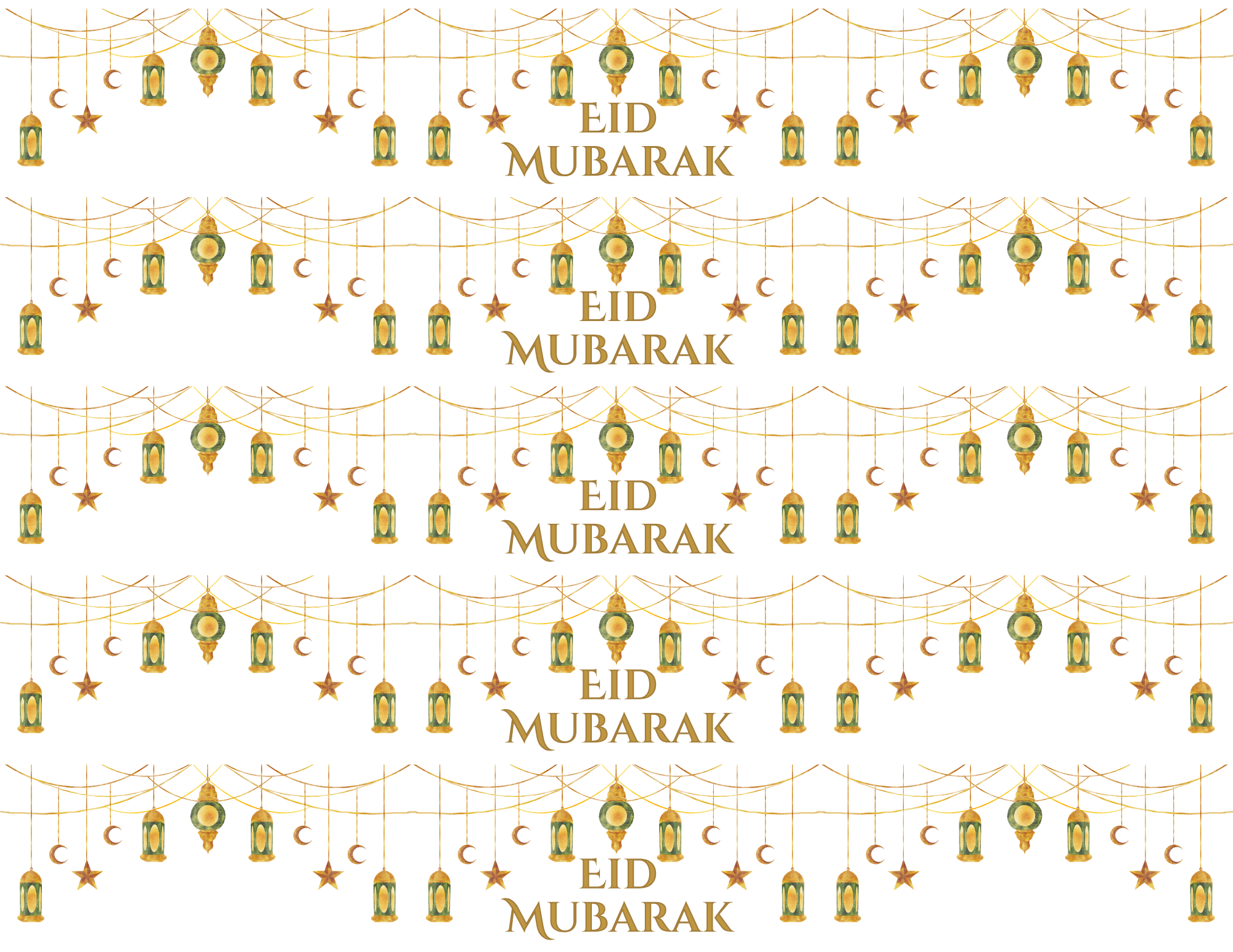 Eid Mubarak Decor Water Bottle Label Wrappers, Eid Fitr Adha Ghadeer Mubahila, Gold Green Lanterns Digital Download