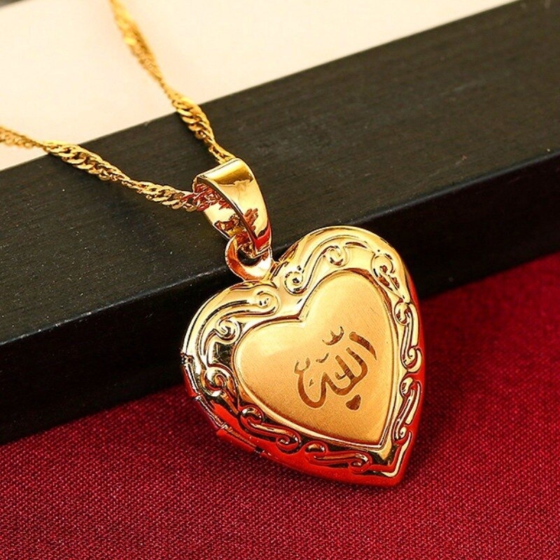 Allah Heart Photo Gold necklace, Islamic Art Arabic Calligraphy Allah locket