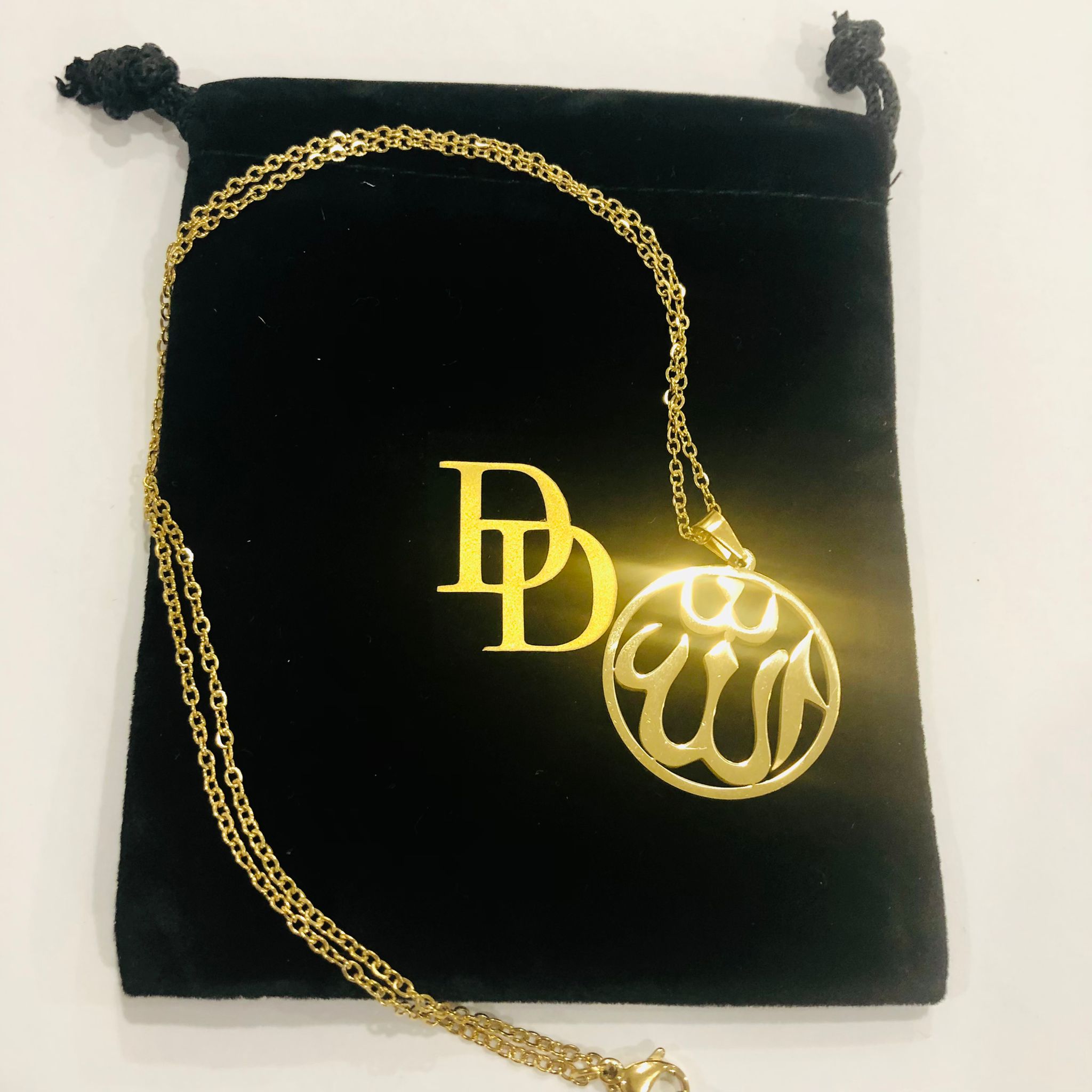 Allah Hollow Gold necklace, Islamic Art Arabic Calligraphy Allah locket