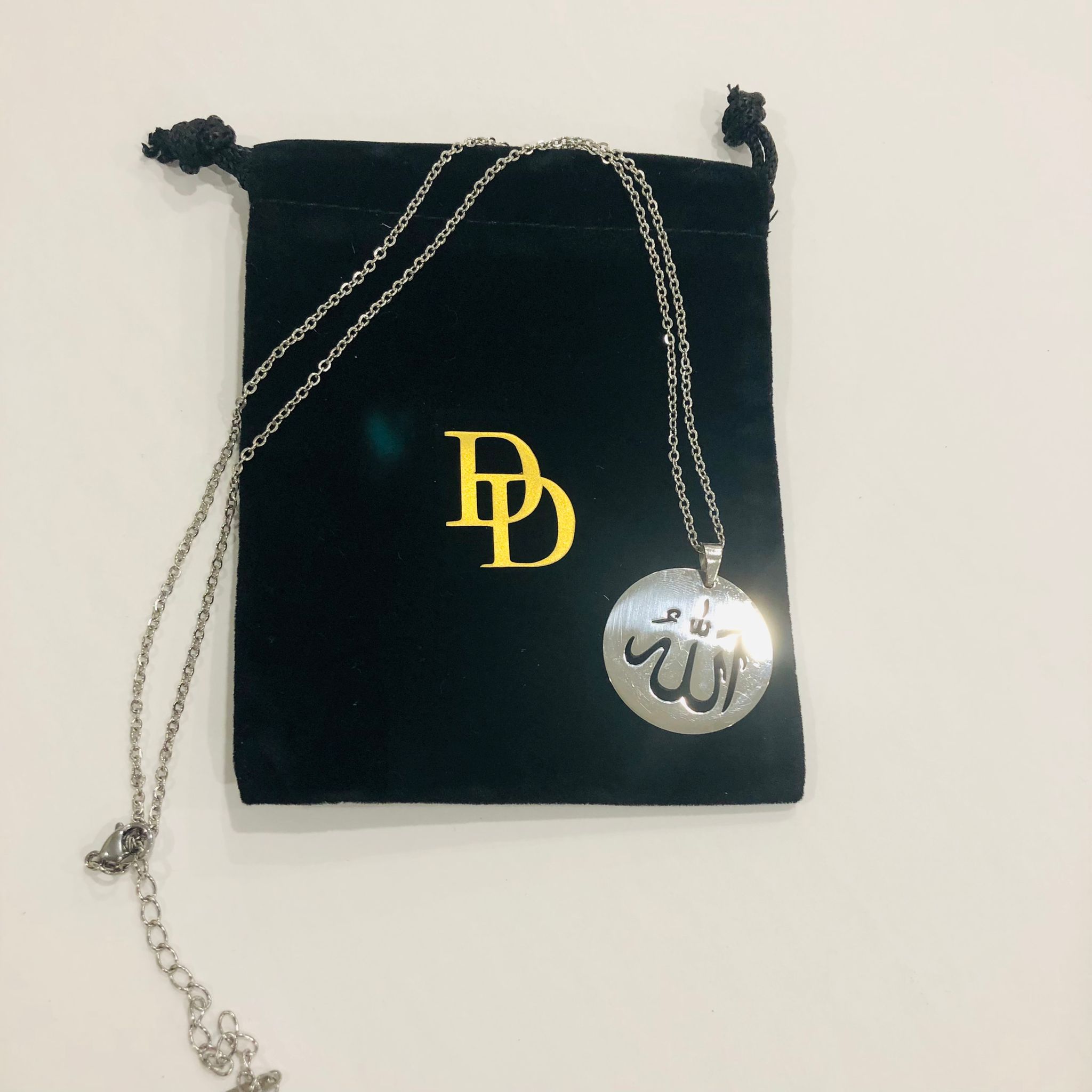 Allah Hollow Silver Disc necklace, Islamic Art Arabic Calligraphy Allah locket