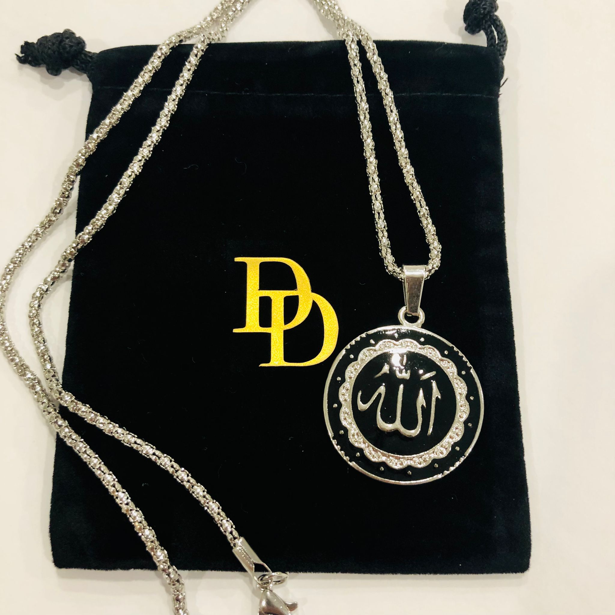 Allah Silver and Black necklace, Islamic Art Arabic Calligraphy Allah Car Hanging