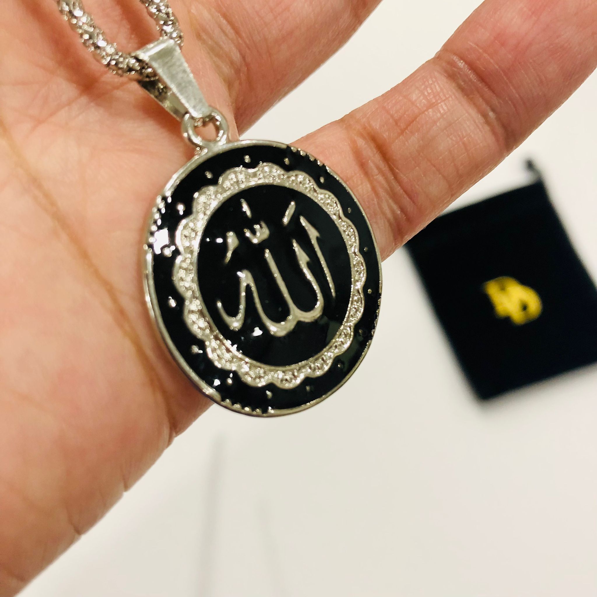 Allah Silver and Black necklace, Islamic Art Arabic Calligraphy Allah Car Hanging
