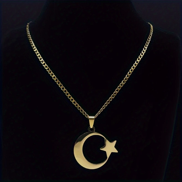 Crescent Moon and Star Gold Necklace, Islamic Muslim Pendant, Jewelry Gifts, Car Hanging